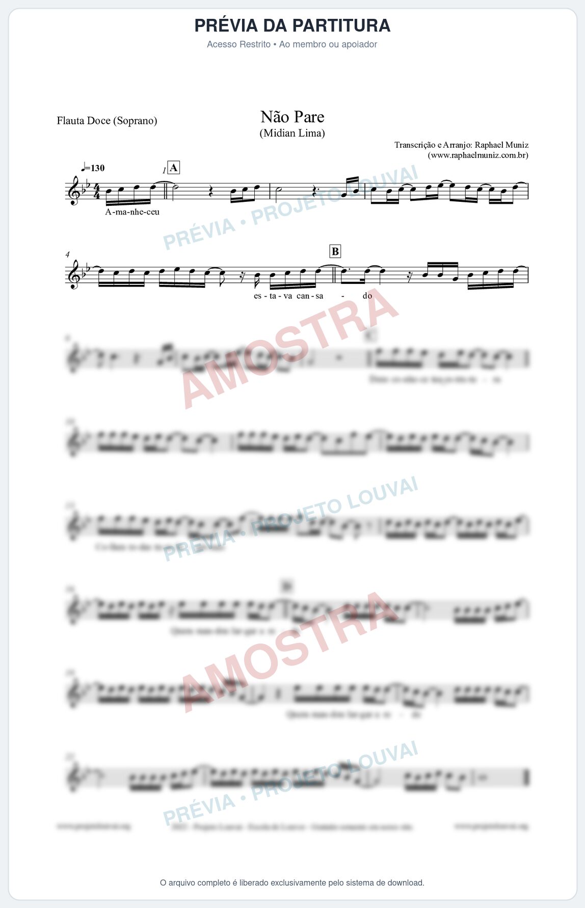 Prévia protegida da primeira página da partitura Partitura para Flauta Doce (Soprano) - Não Pare - Midian Lima