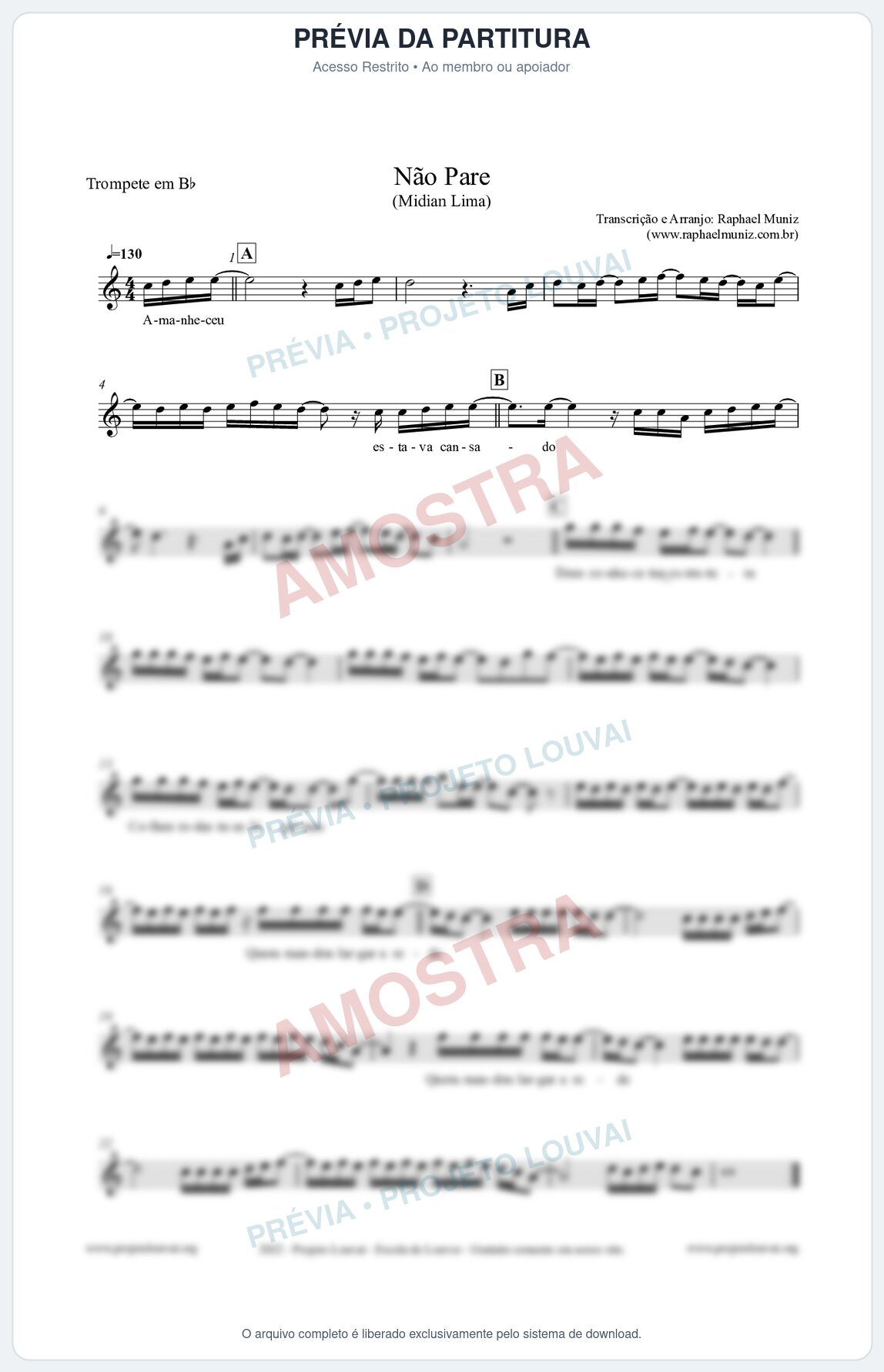 Prévia protegida da primeira página da partitura Partitura para Trompete em Bb - Não Pare - Midian Lima