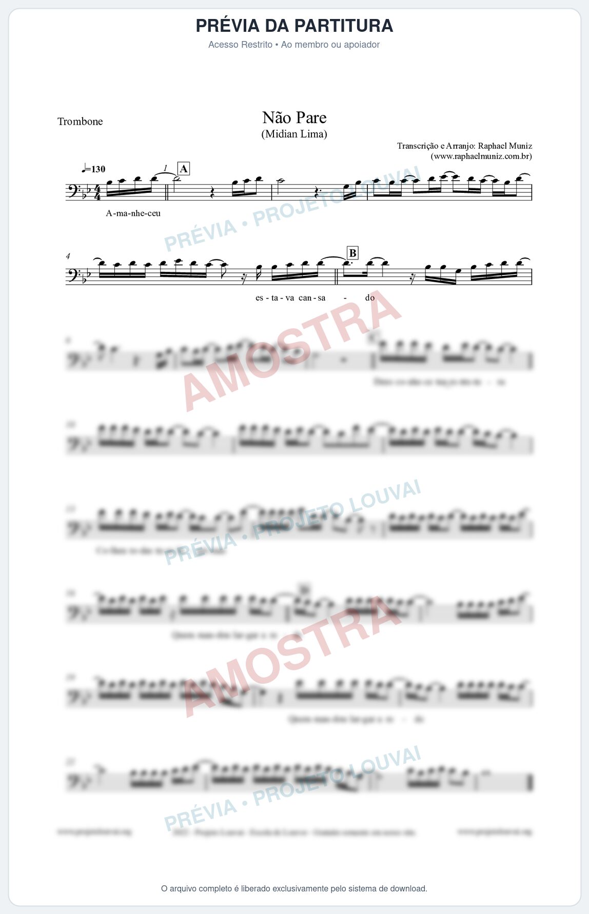 Prévia protegida da primeira página da partitura Partitura para Trombone - Não Pare - Midian Lima