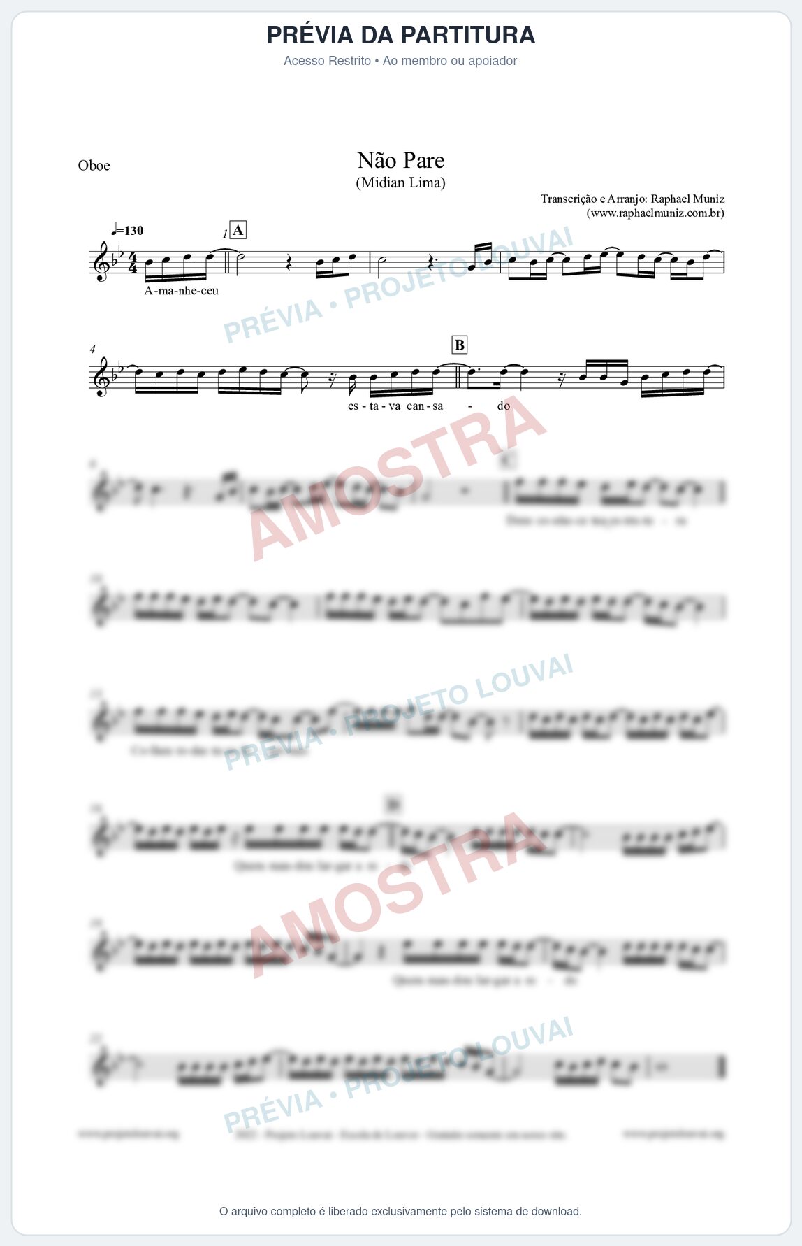 Prévia protegida da primeira página da partitura Partitura para Oboé - Não Pare - Midian Lima