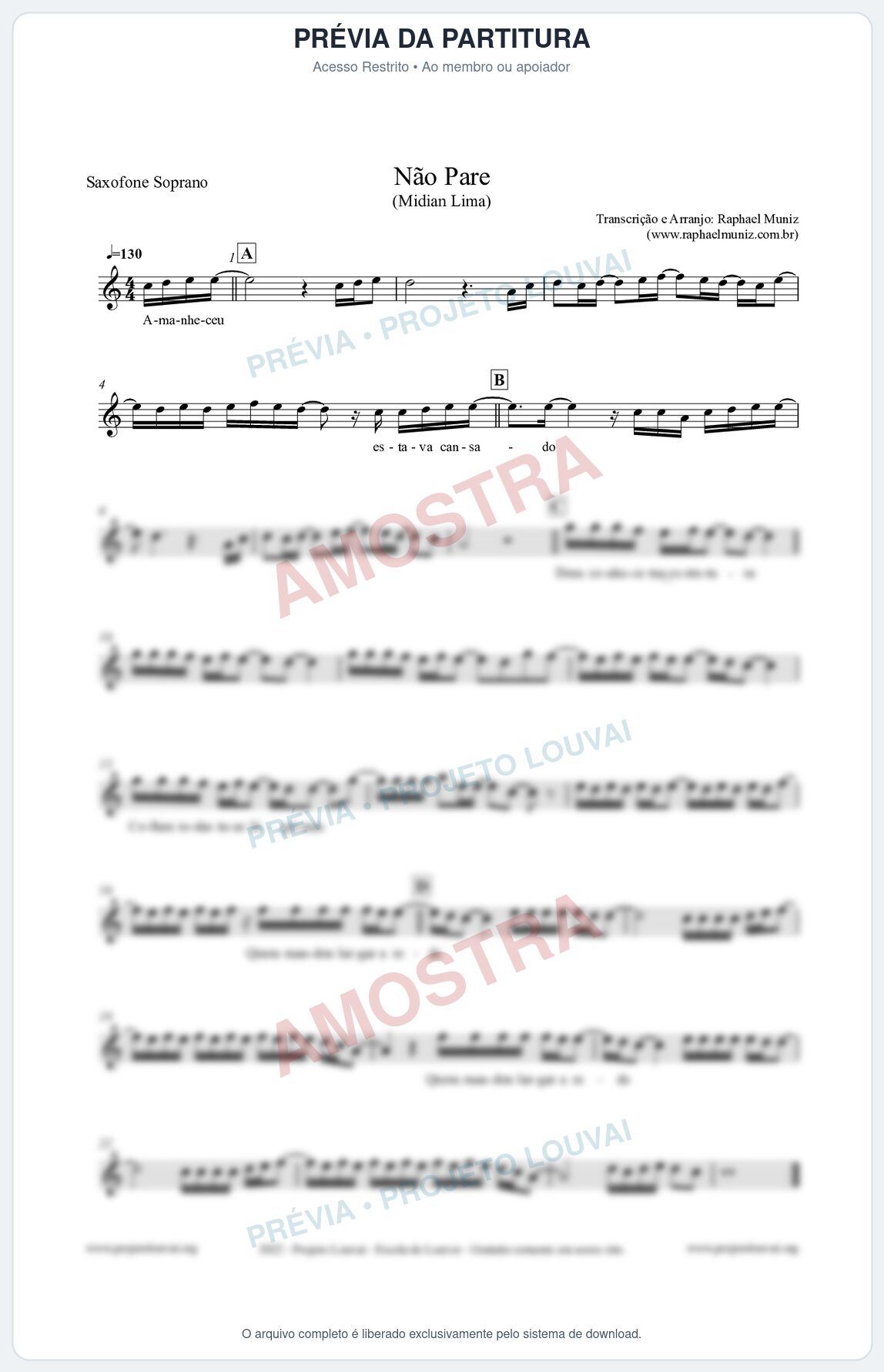 Prévia protegida da primeira página da partitura Partitura para Saxofone Soprano - Não Pare - Midian Lima