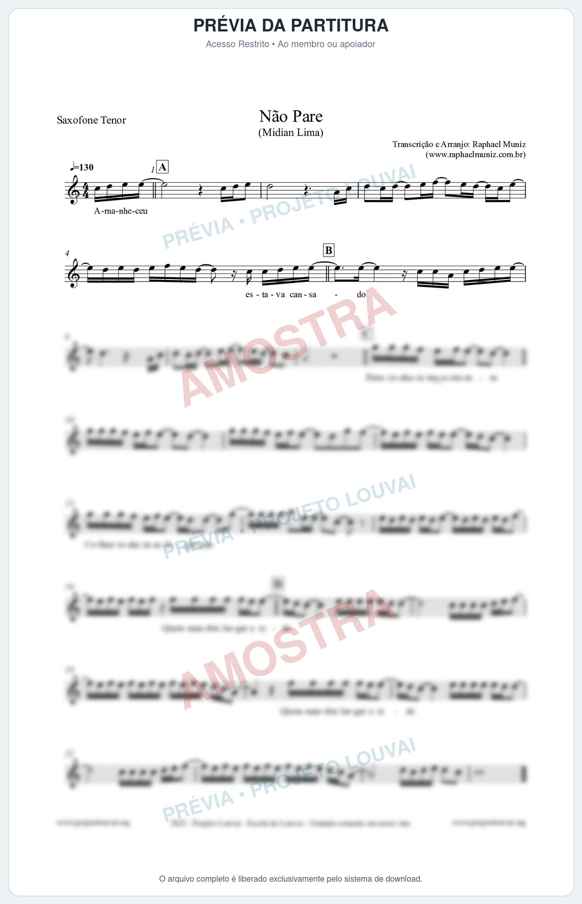Prévia protegida da primeira página da partitura Partitura para Saxofone Tenor - Não Pare - Midian Lima