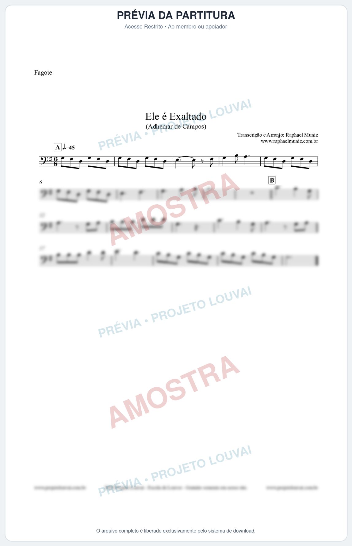 Prévia protegida da primeira página da partitura Partitura para Fagote - Ele é Exaltado (Adhemar de Campos) - Clássicos do Gospel