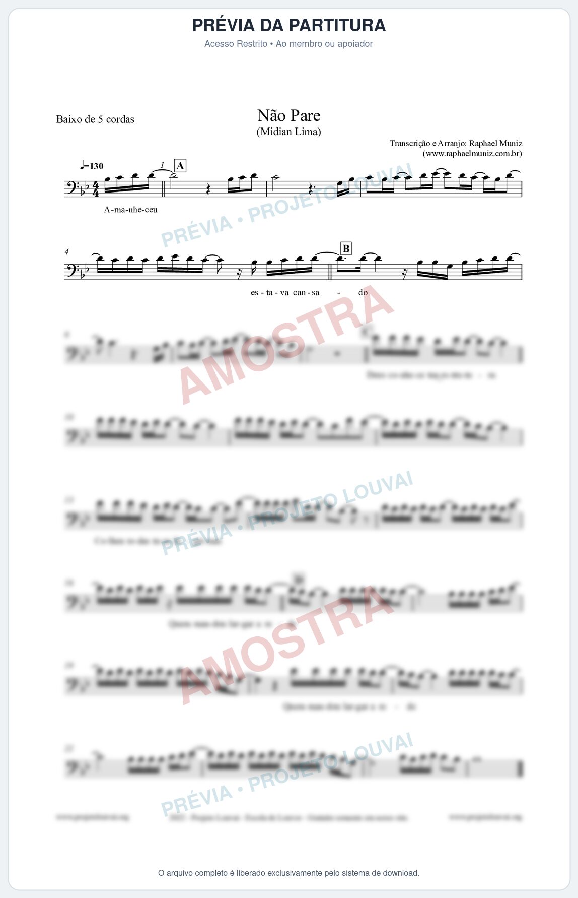 Prévia protegida da primeira página da partitura Partitura para Baixo de 5 cordas - Não Pare - Midian Lima