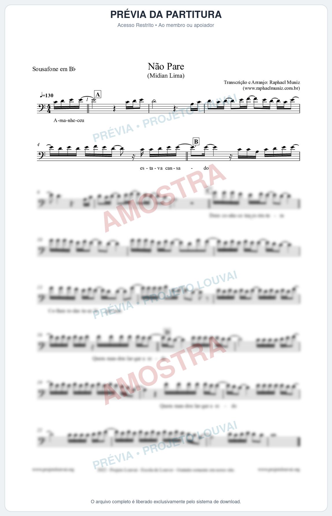 Prévia protegida da primeira página da partitura Partitura para Sousafone em Bb - Não Pare - Midian Lima