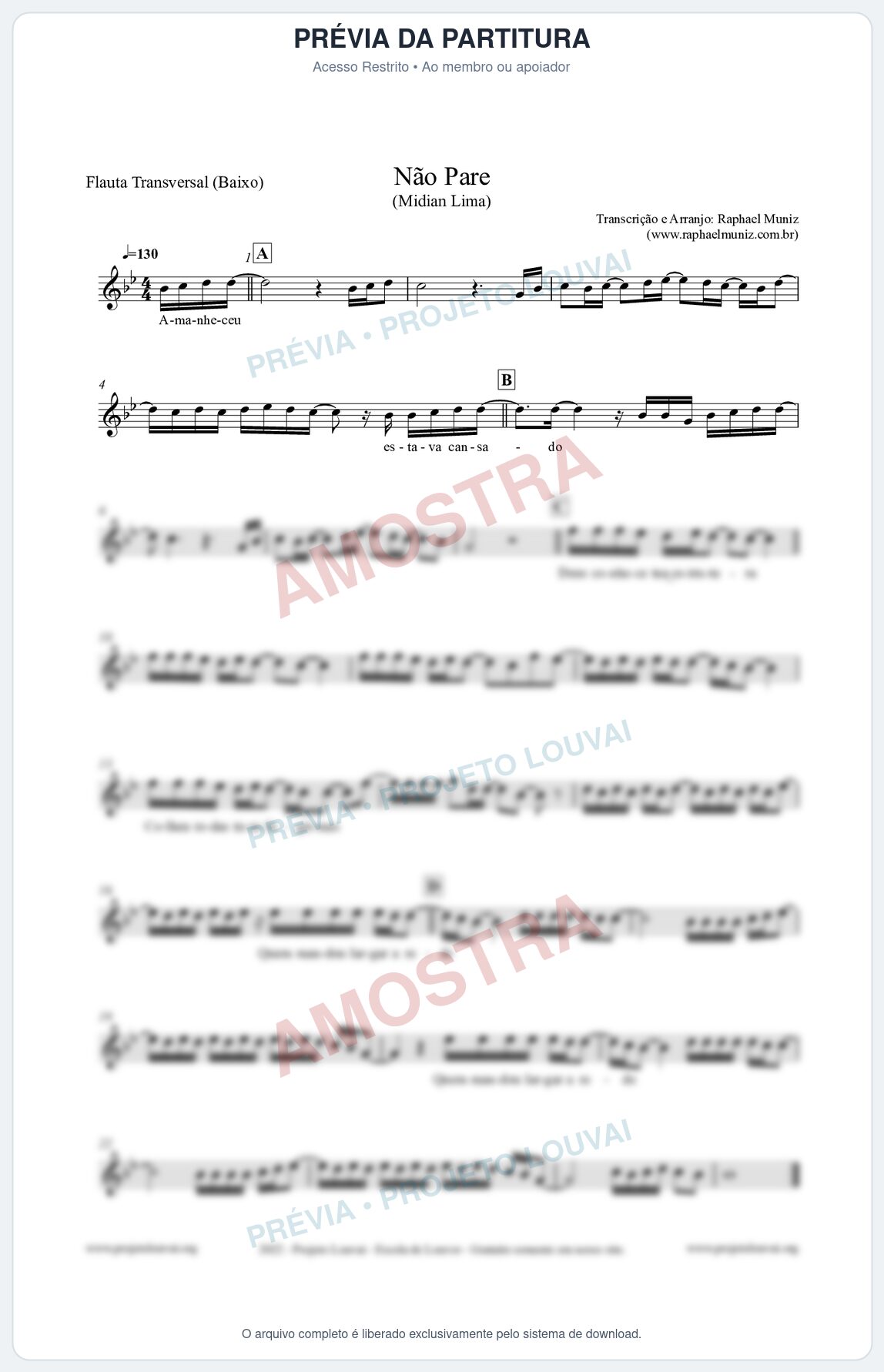 Prévia protegida da primeira página da partitura Partitura para Flauta Transversal (Baixo) - Não Pare - Midian Lima