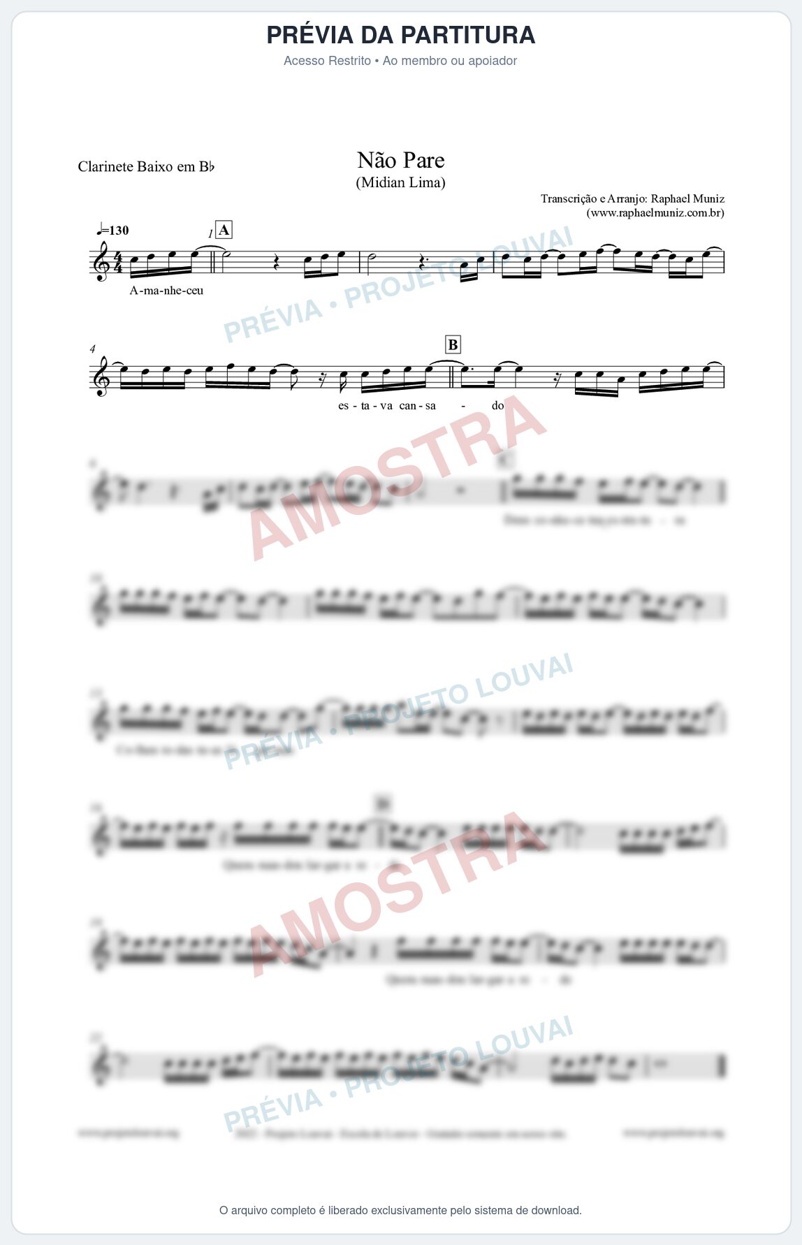 Prévia protegida da primeira página da partitura Partitura para Clarinete Baixo em Bb - Não Pare - Midian Lima