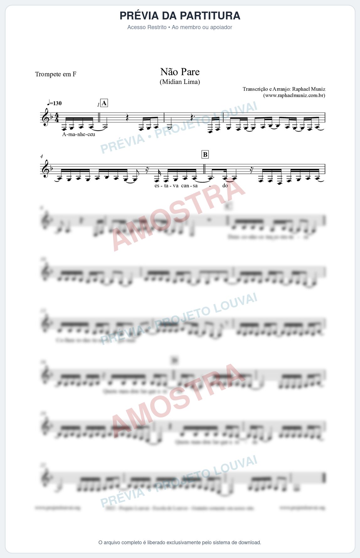 Prévia protegida da primeira página da partitura Partitura para Trompete em F - Não Pare - Midian Lima