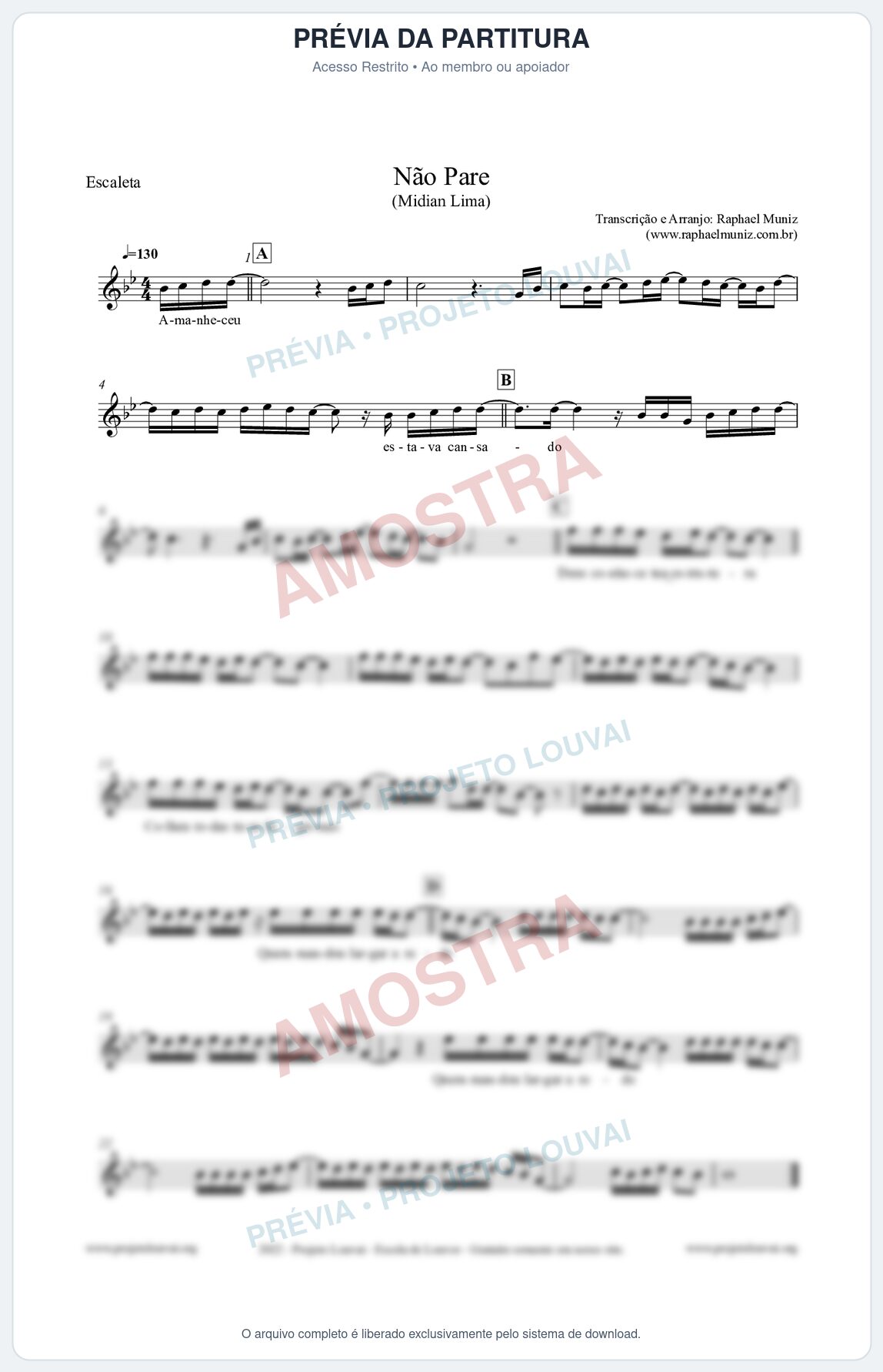 Prévia protegida da primeira página da partitura Partitura para Escaleta - Não Pare - Midian Lima