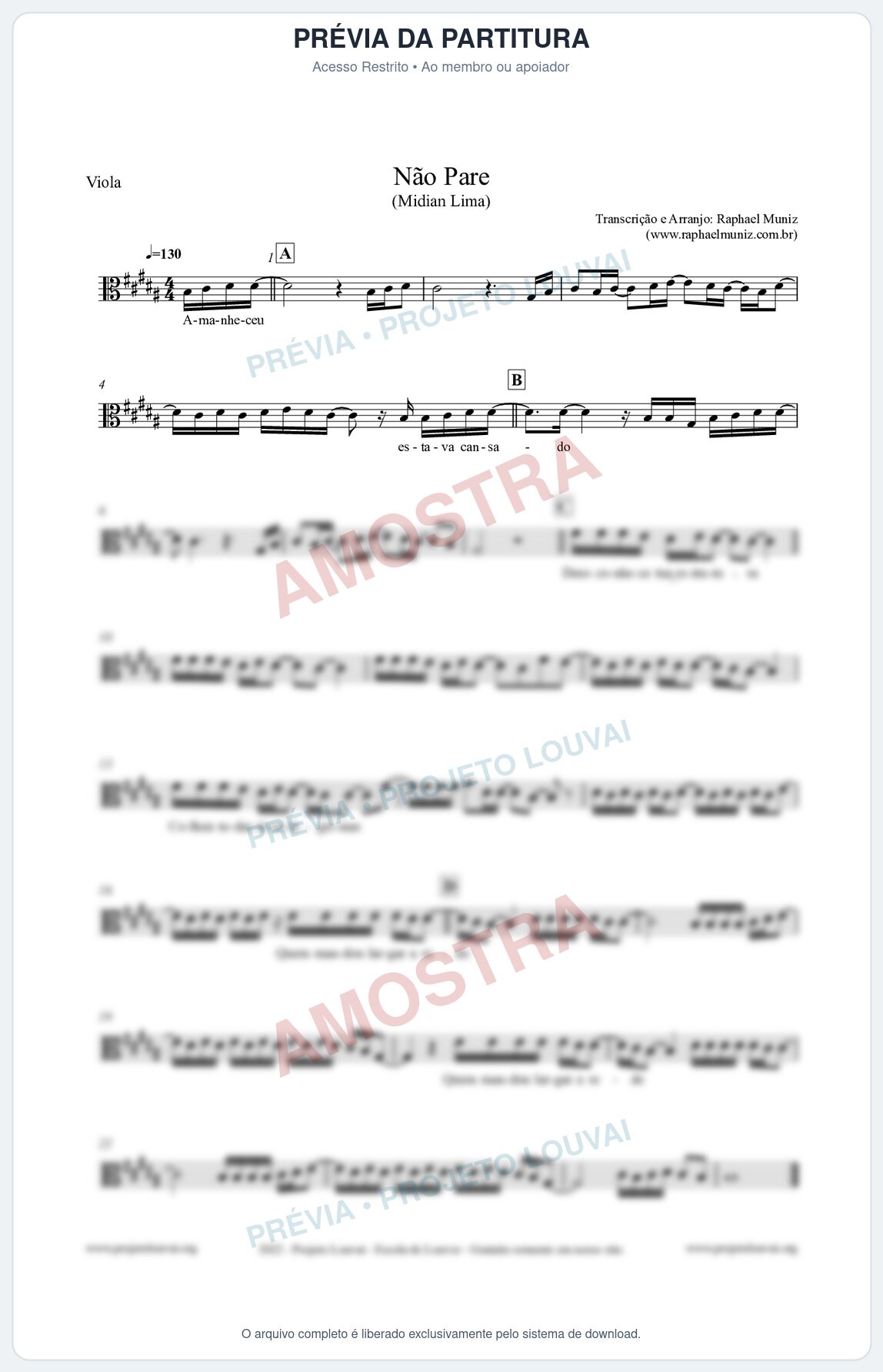 Prévia protegida da primeira página da partitura Partitura para Viola - Não Pare - Midian Lima