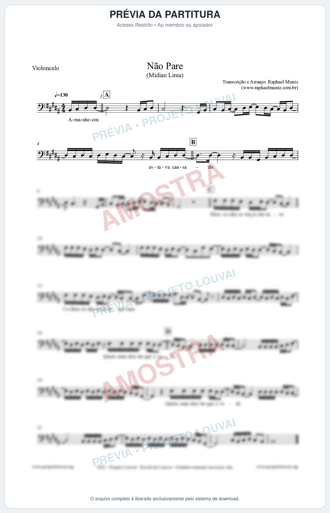 Prévia protegida da primeira página da partitura Partitura para Violoncelo - Não Pare - Midian Lima