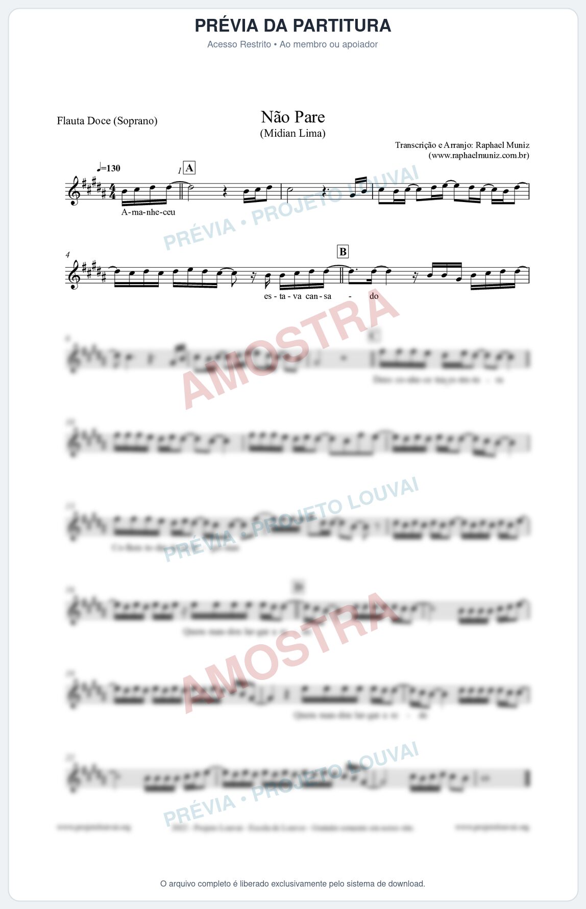 Prévia protegida da primeira página da partitura Partitura para Flauta Doce (Soprano) - Não Pare - Midian Lima