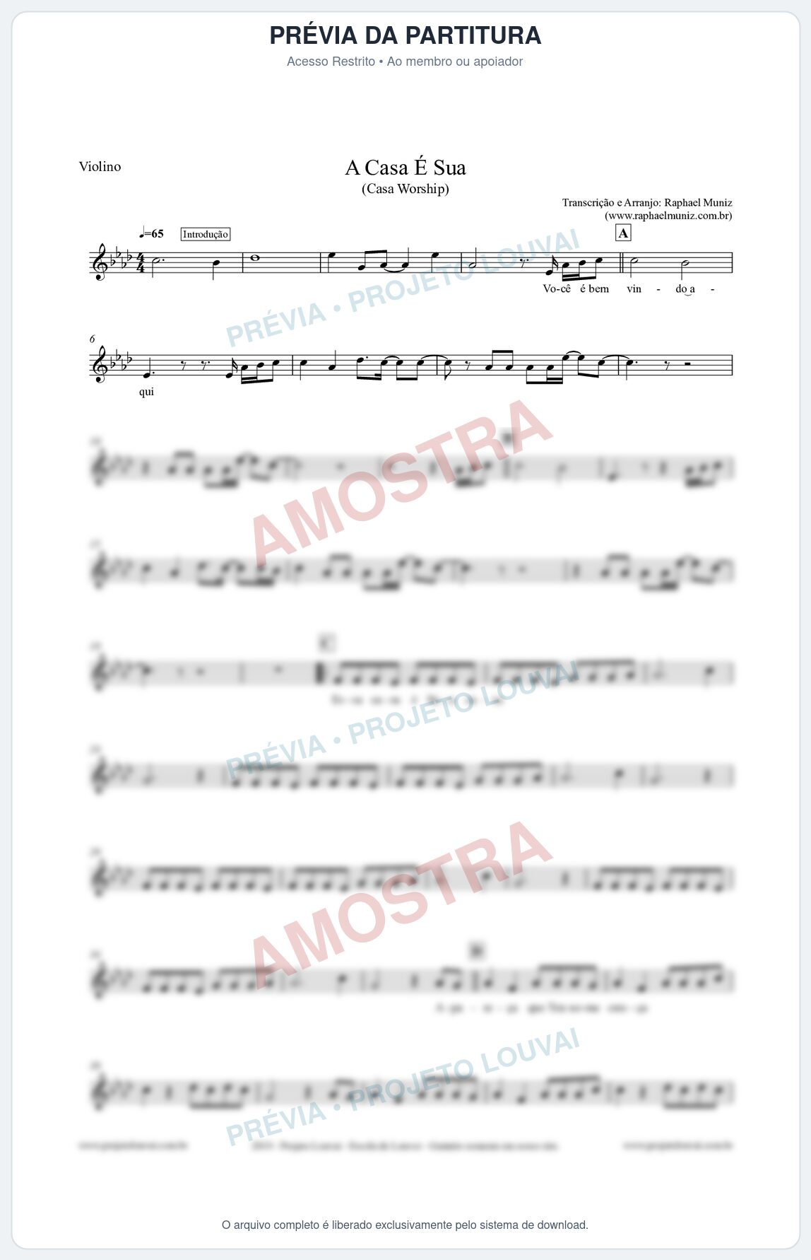 Prévia protegida da primeira página da partitura Partitura para Violino - A Casa É Sua (Tom Original)  - Casa Worship