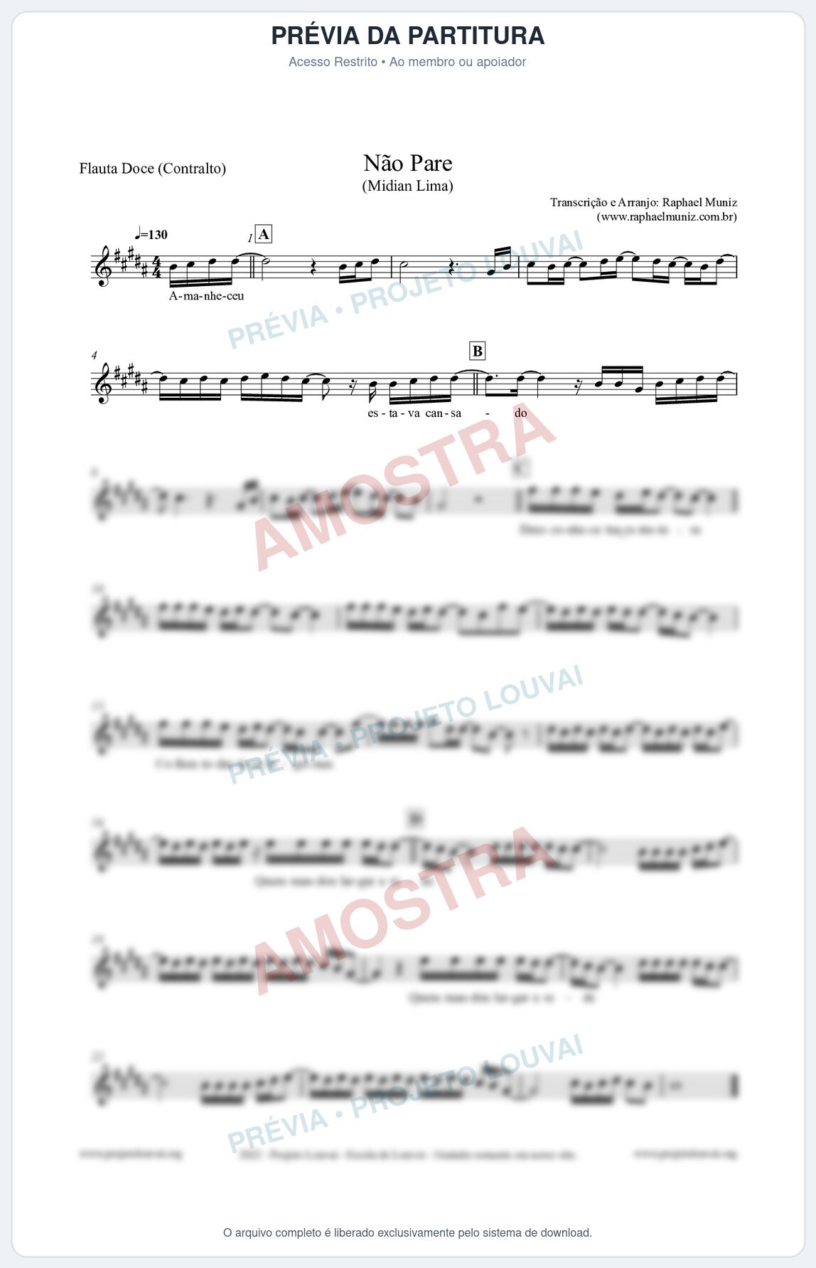 Prévia protegida da primeira página da partitura Partitura para Flauta Doce (Contralto) - Não Pare - Midian Lima