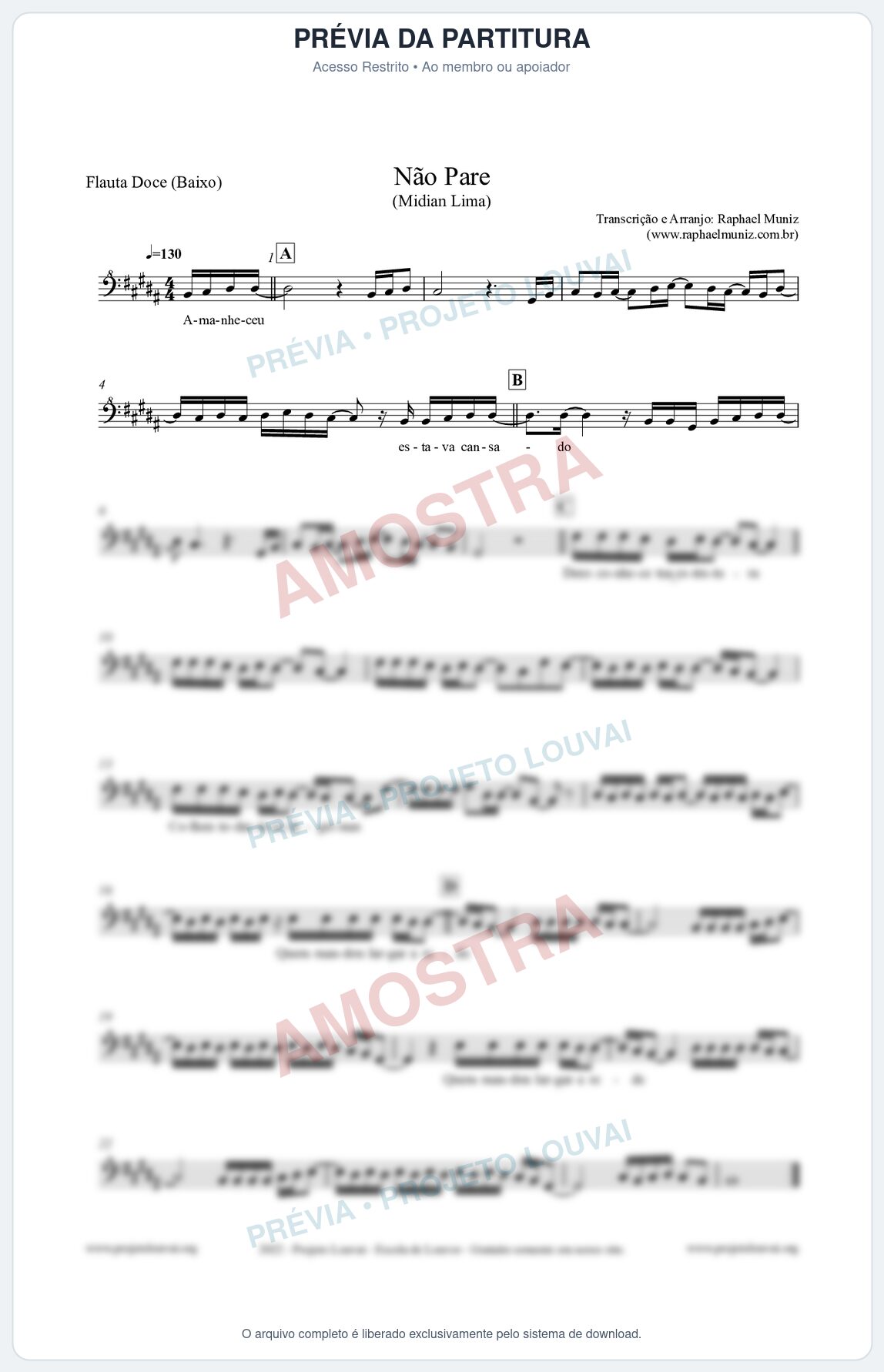 Prévia protegida da primeira página da partitura Partitura para Flauta Doce (Baixo) - Não Pare - Midian Lima