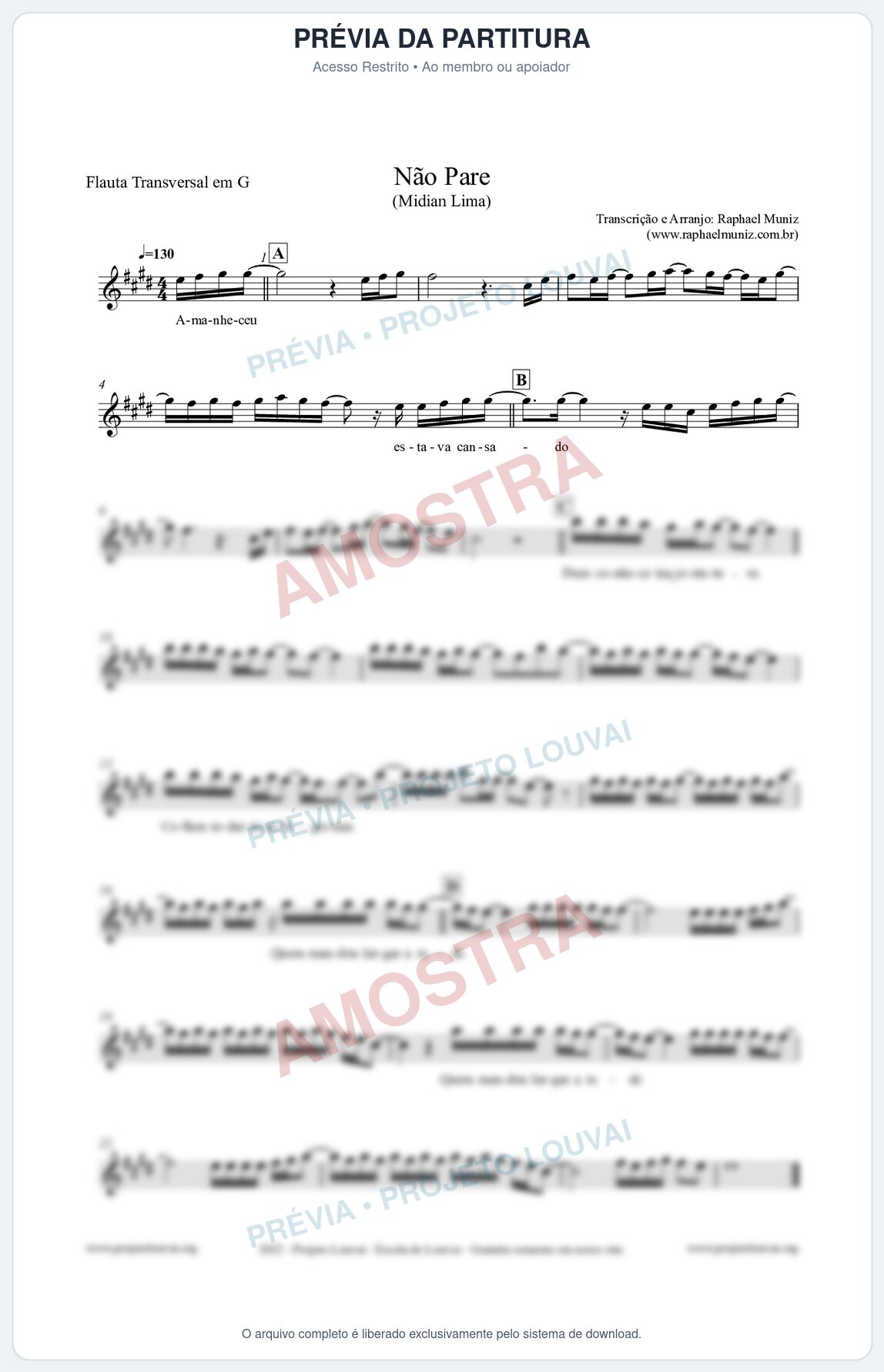 Prévia protegida da primeira página da partitura Partitura para Flauta Transversal em G - Não Pare - Midian Lima