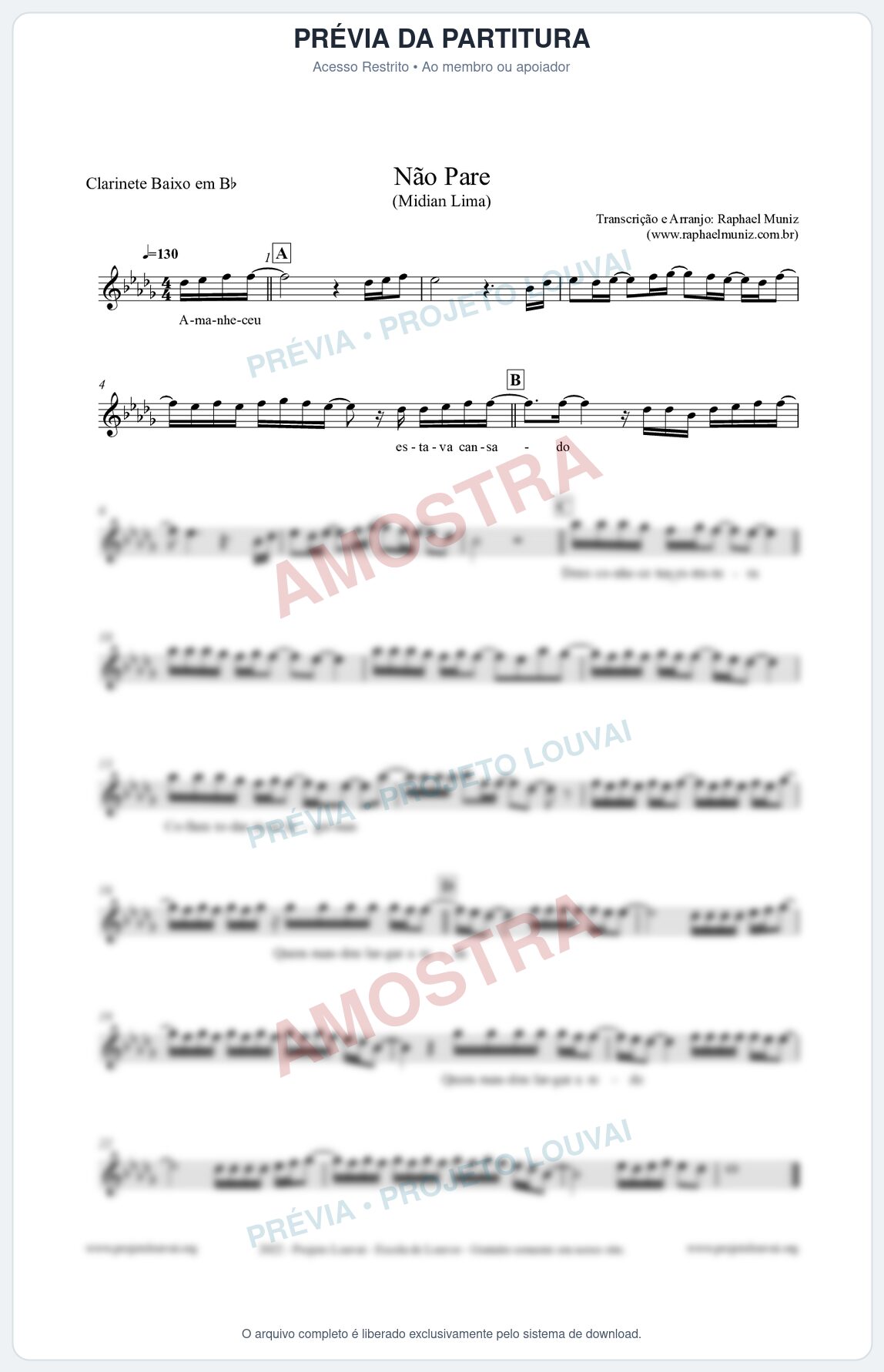 Prévia protegida da primeira página da partitura Partitura para Clarinete Baixo em Bb - Não Pare - Midian Lima