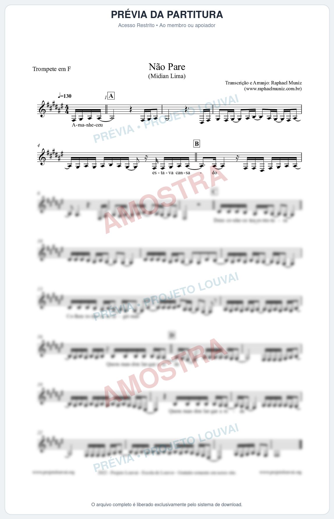 Prévia protegida da primeira página da partitura Partitura para Trompete em F - Não Pare - Midian Lima