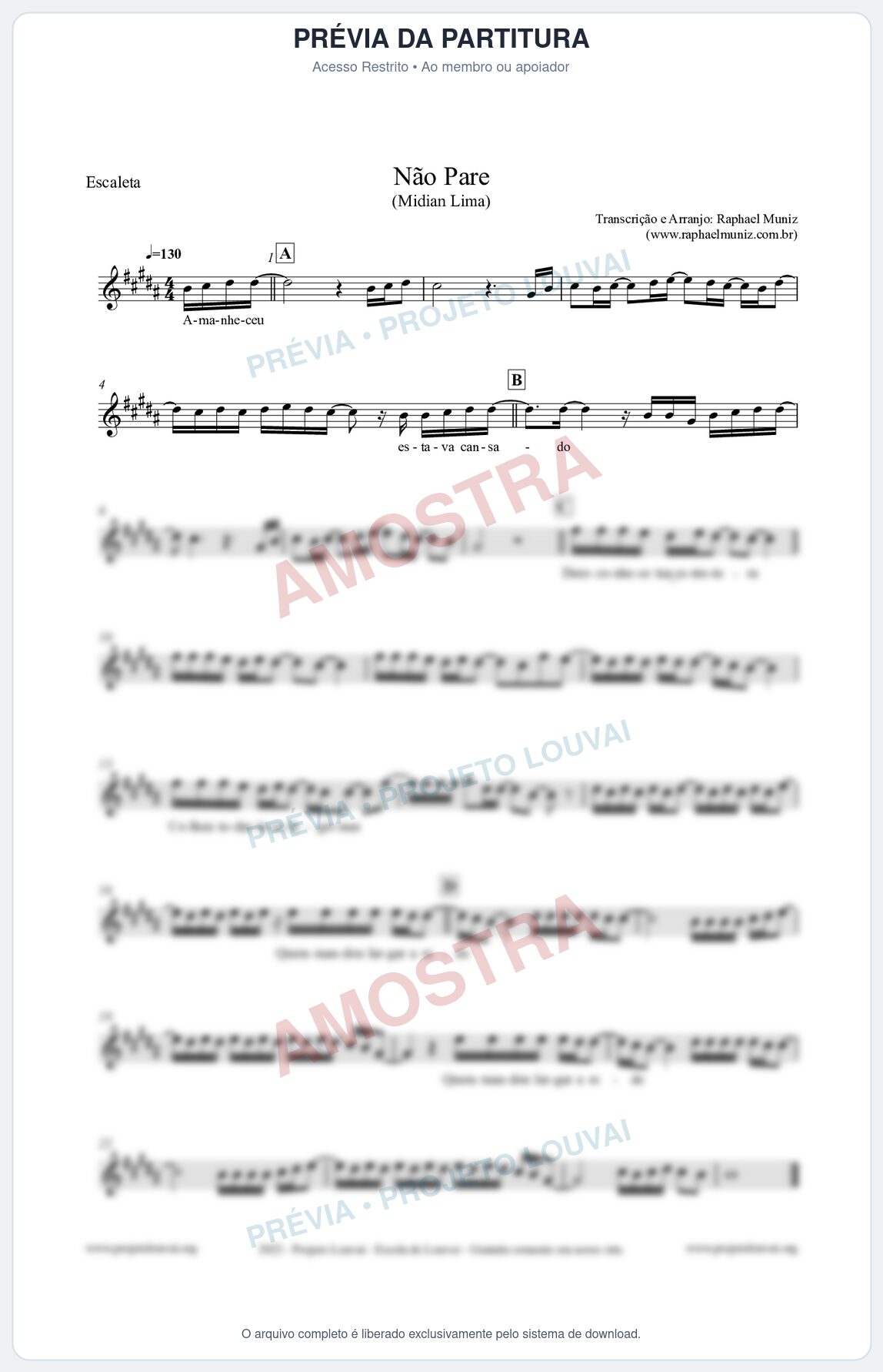 Prévia protegida da primeira página da partitura Partitura para Escaleta - Não Pare - Midian Lima