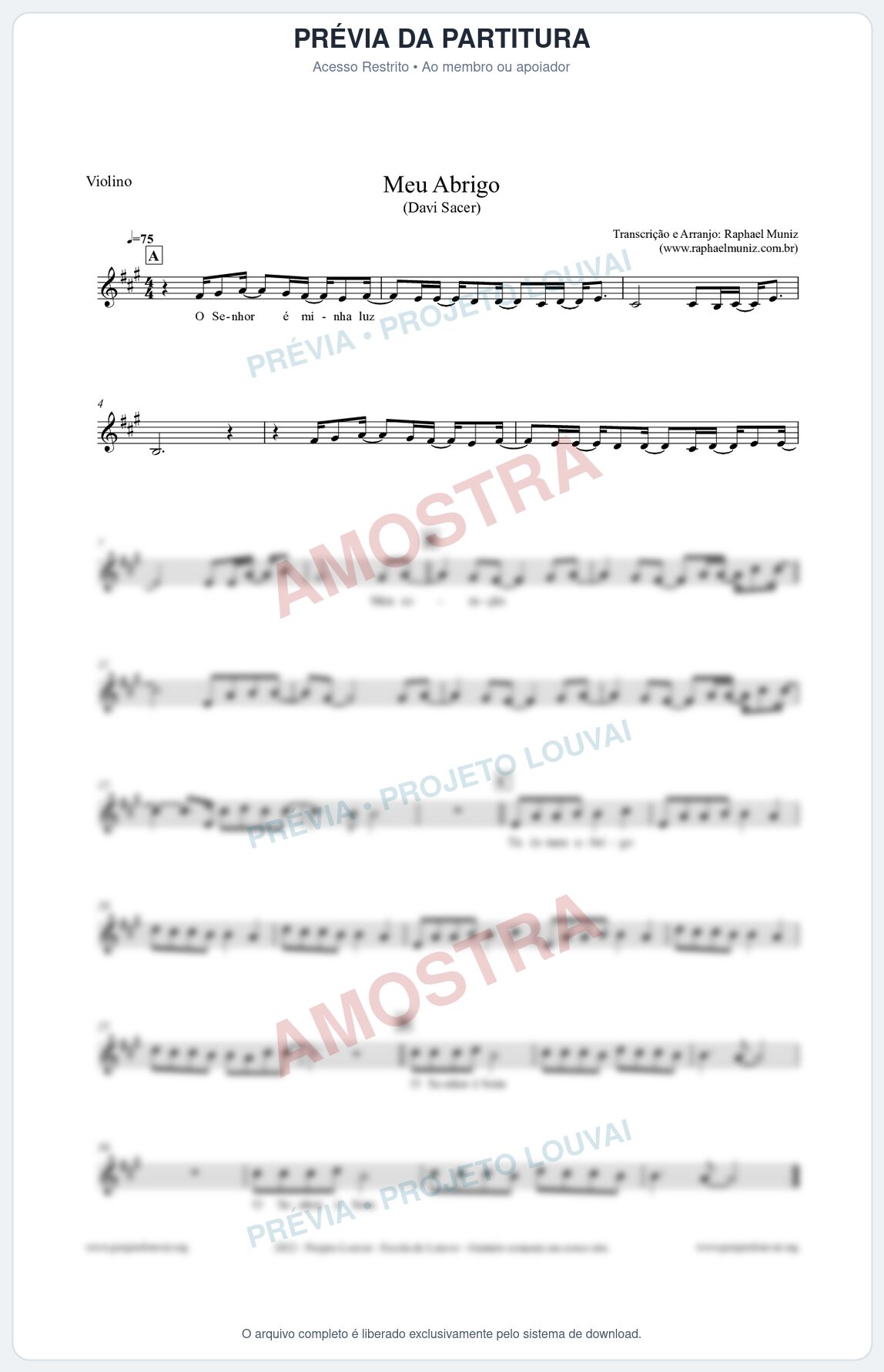 Prévia protegida da primeira página da partitura Partitura para Violino - Meu Abrigo - Davi Sacer