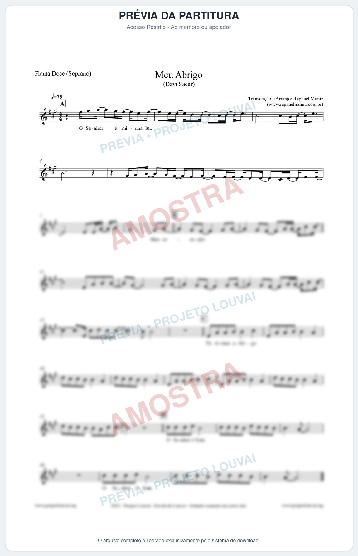 Prévia protegida da primeira página da partitura Partitura para Flauta Doce (Soprano) - Meu Abrigo - Davi Sacer