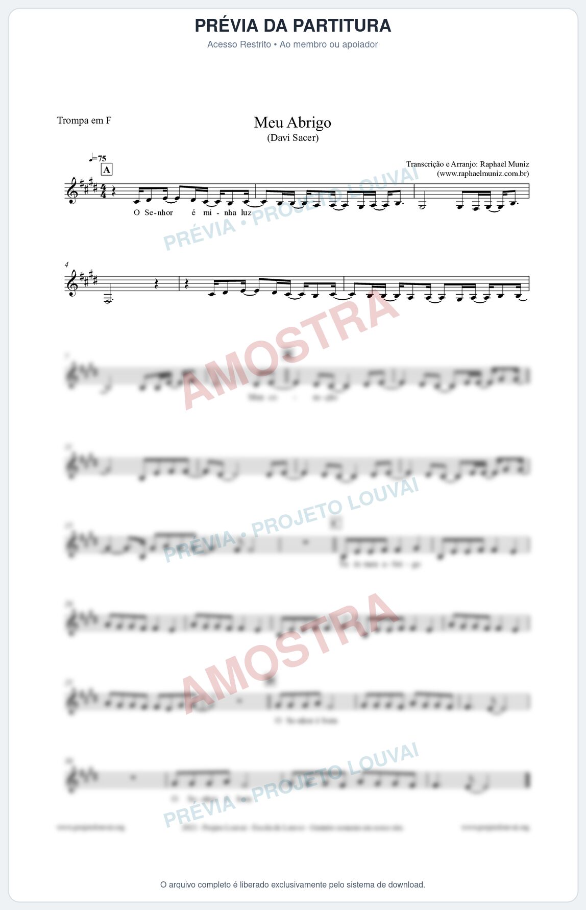 Prévia protegida da primeira página da partitura Partitura para Trompa em F - Meu Abrigo - Davi Sacer