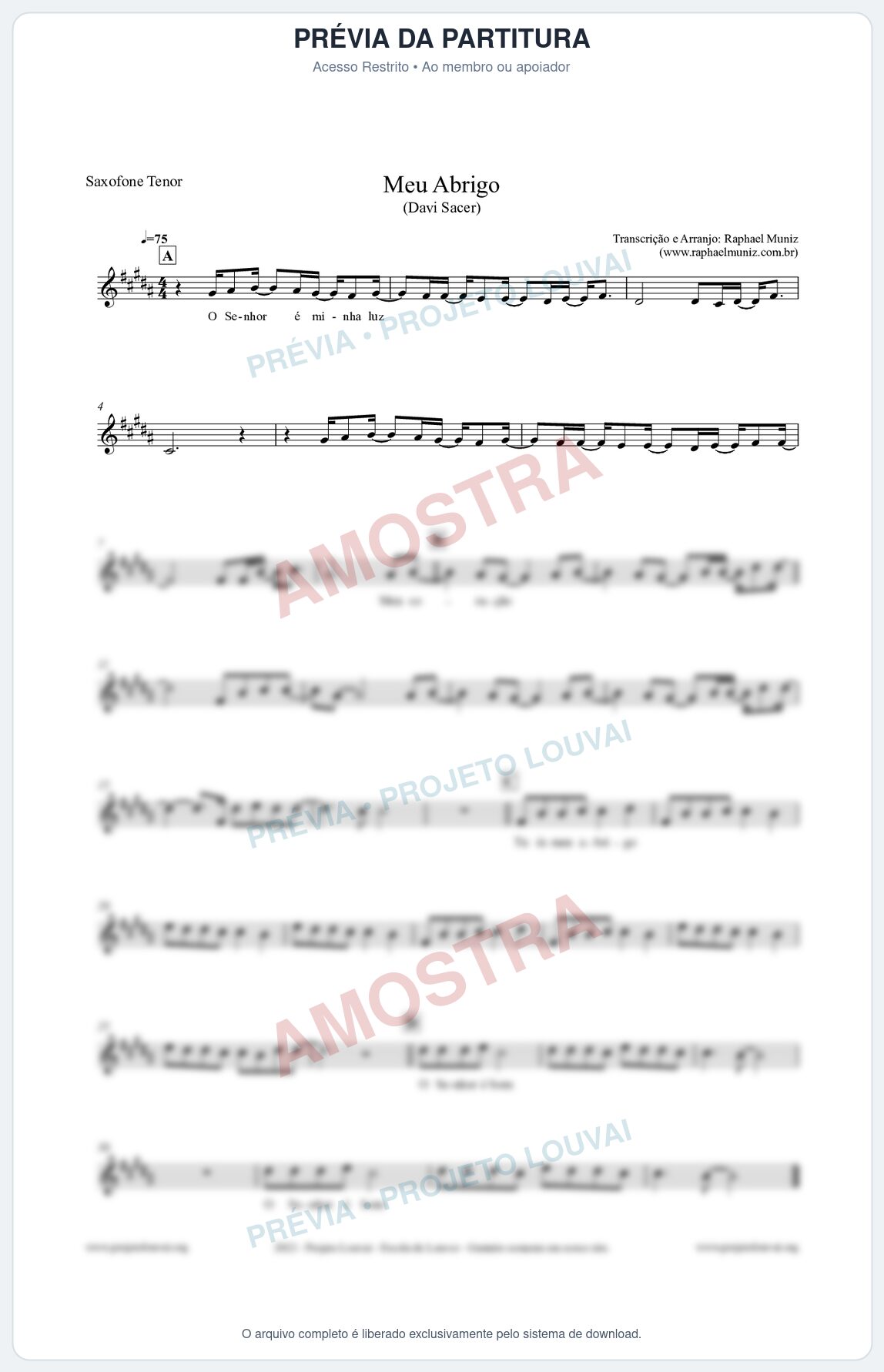 Prévia protegida da primeira página da partitura Partitura para Saxofone Tenor - Meu Abrigo - Davi Sacer