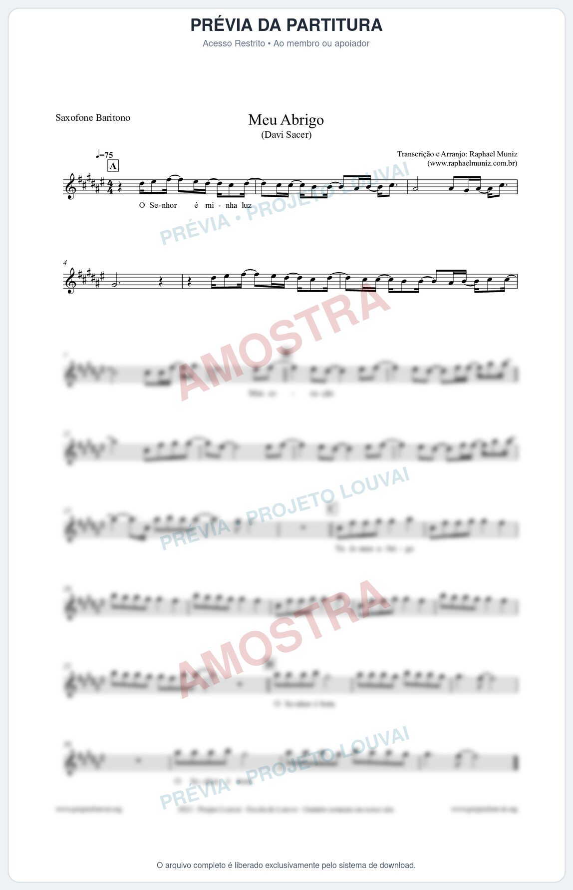 Prévia protegida da primeira página da partitura Partitura para Saxofone Barítono - Meu Abrigo - Davi Sacer