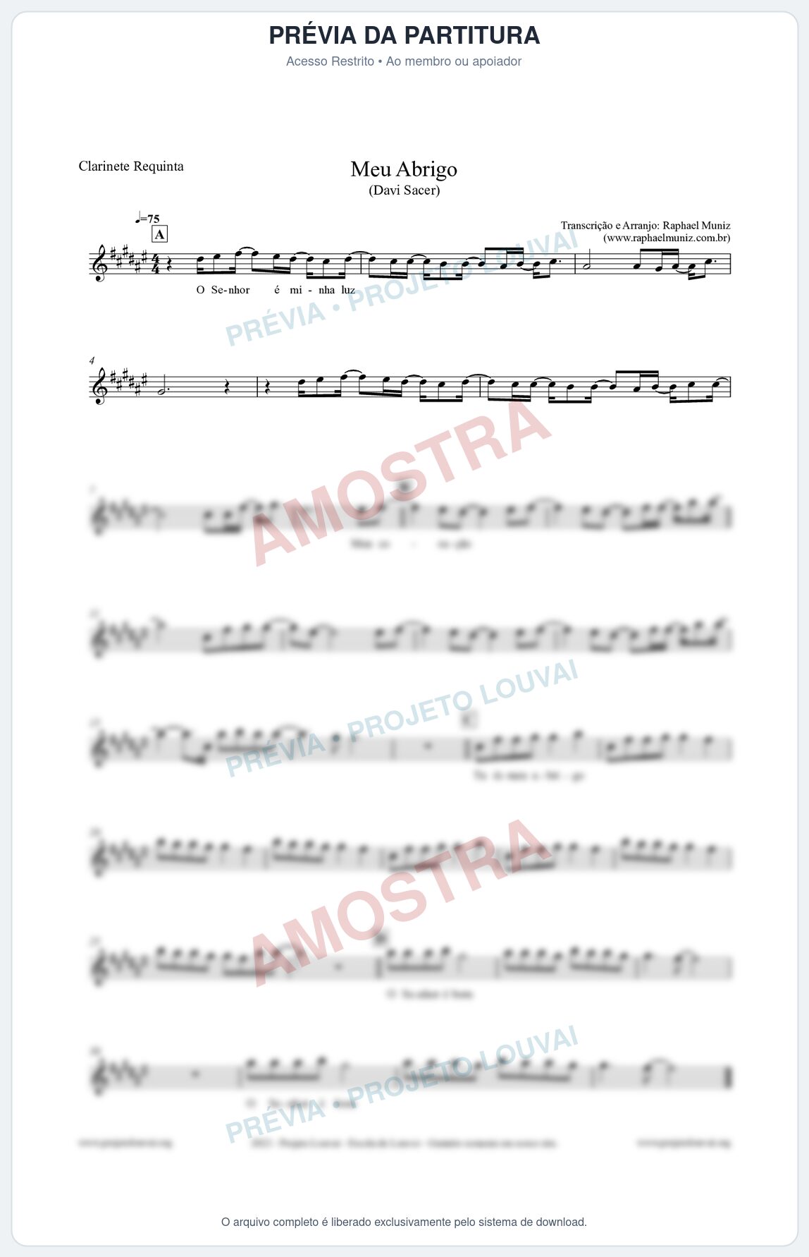 Prévia protegida da primeira página da partitura Partitura para Clarinete Requinta - Meu Abrigo - Davi Sacer