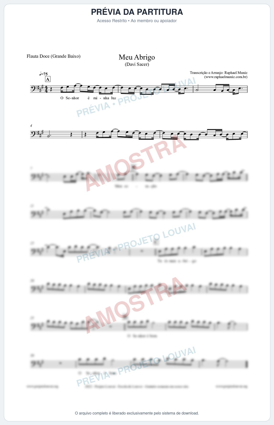Prévia protegida da primeira página da partitura Partitura para Flauta Doce (Grande Baixo) - Meu Abrigo - Davi Sacer