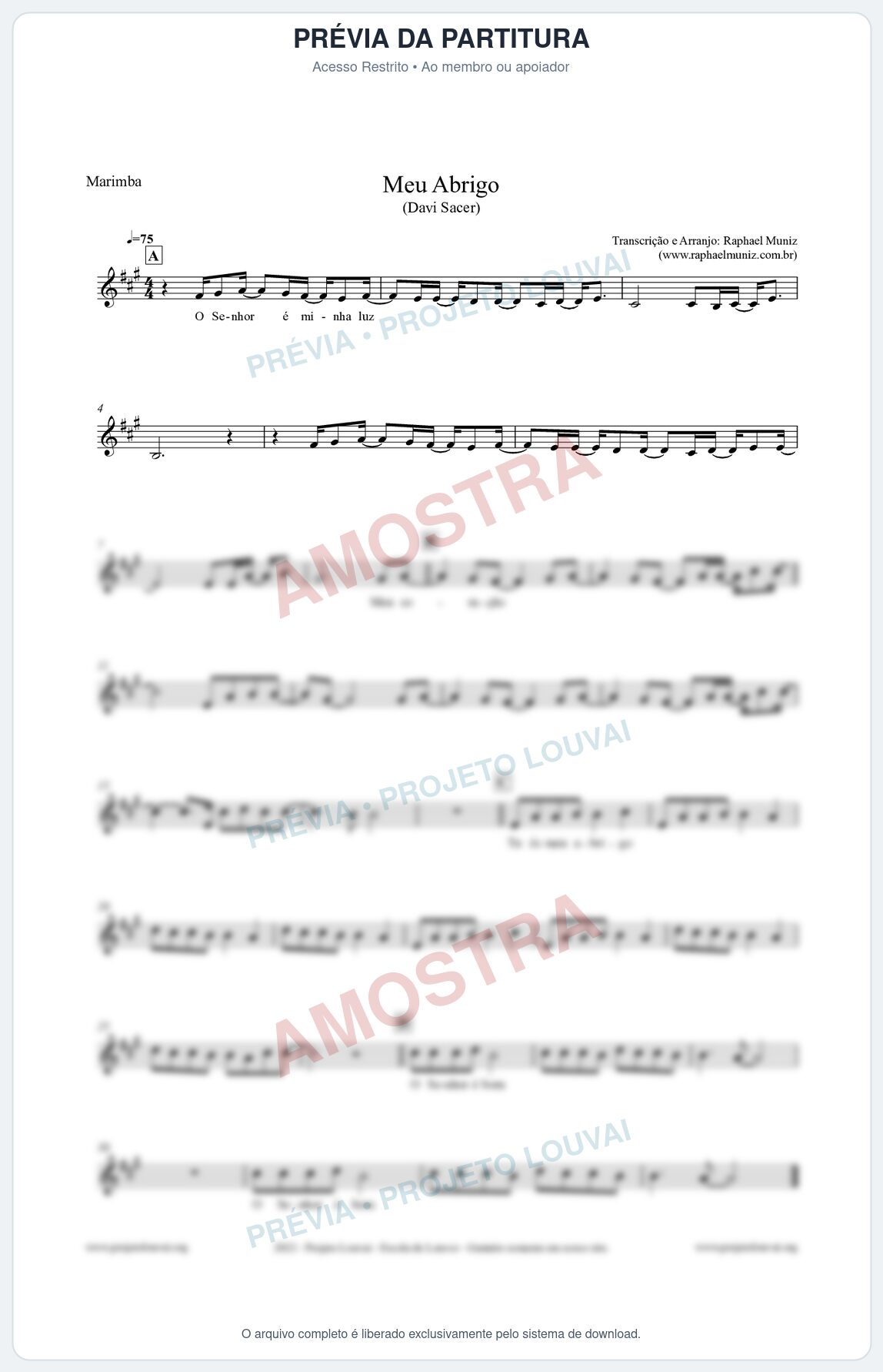 Prévia protegida da primeira página da partitura Partitura para Marimba - Meu Abrigo - Davi Sacer
