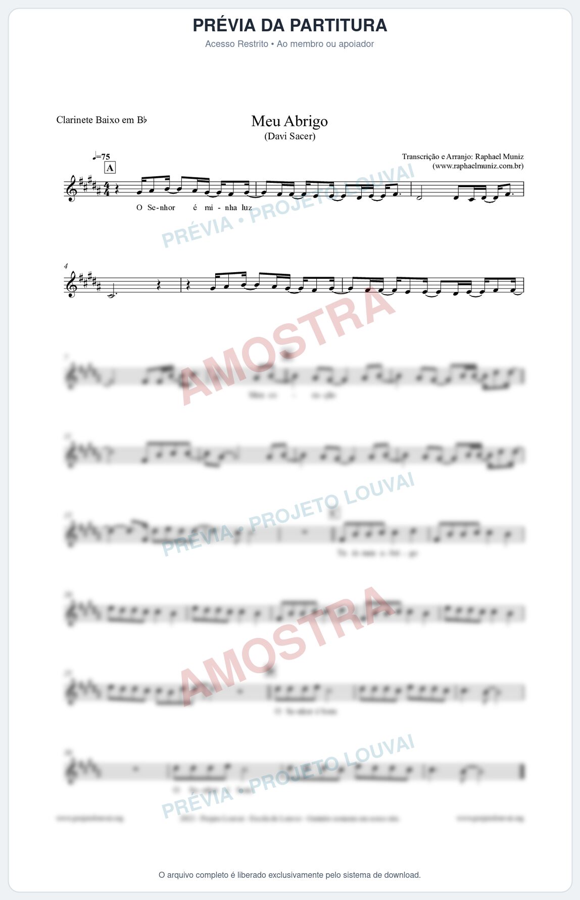 Prévia protegida da primeira página da partitura Partitura para Clarinete Baixo em Bb - Meu Abrigo - Davi Sacer