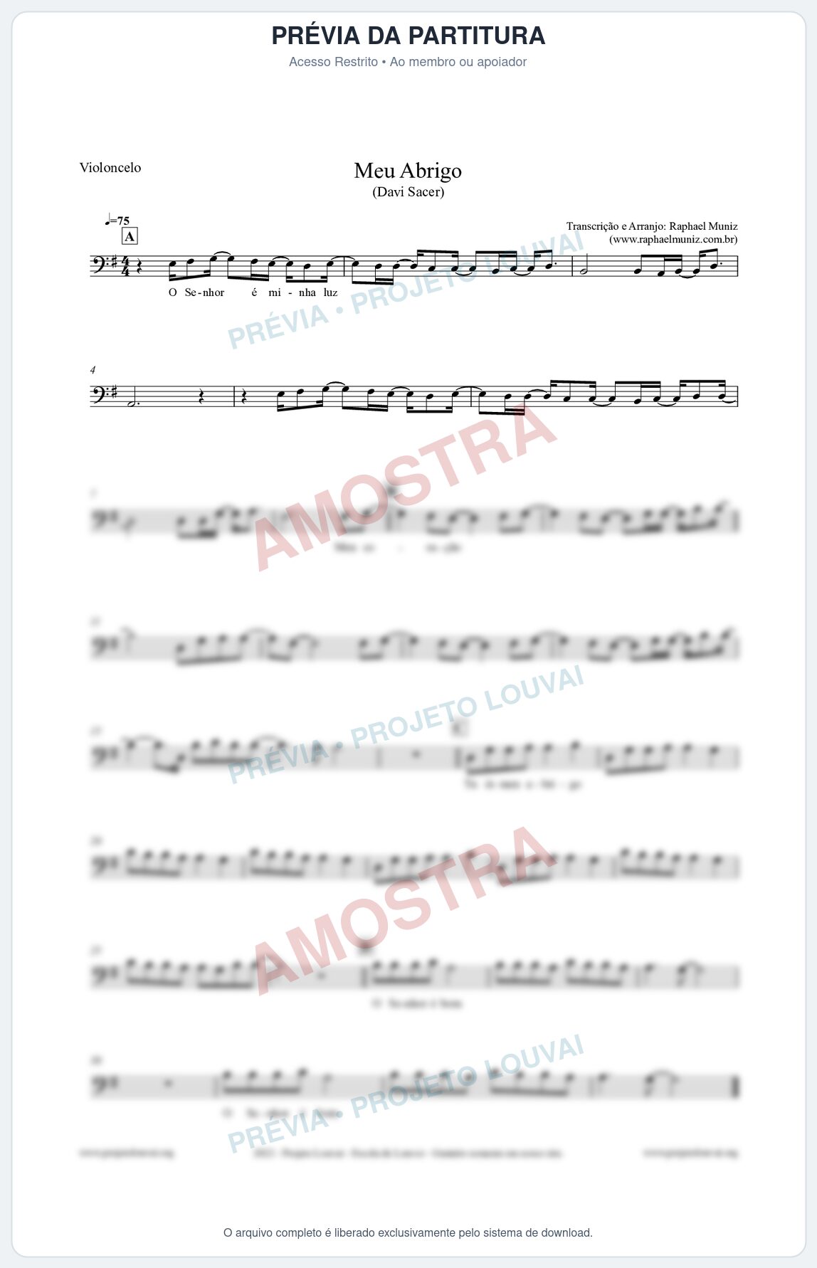 Prévia protegida da primeira página da partitura Partitura para Violoncelo - Meu Abrigo - Davi Sacer