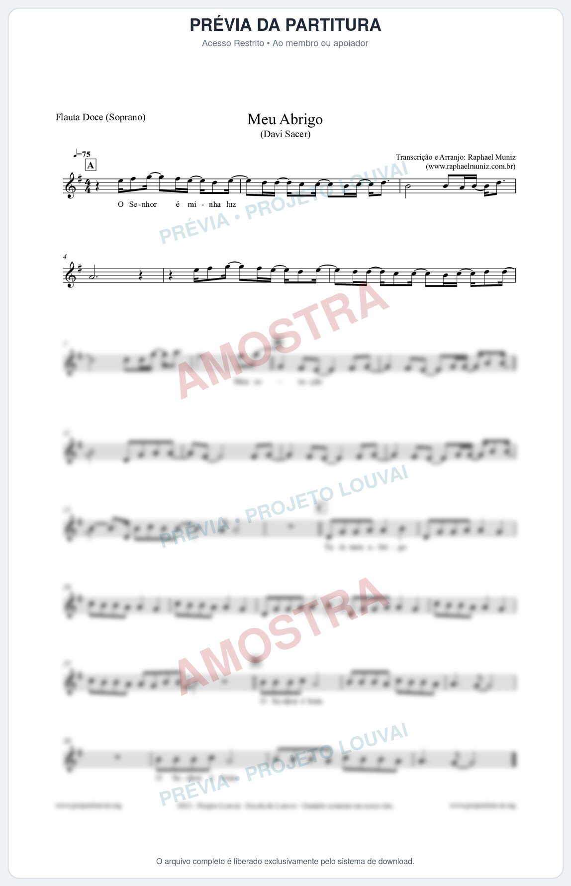 Prévia protegida da primeira página da partitura Partitura para Flauta Doce (Soprano) - Meu Abrigo - Davi Sacer