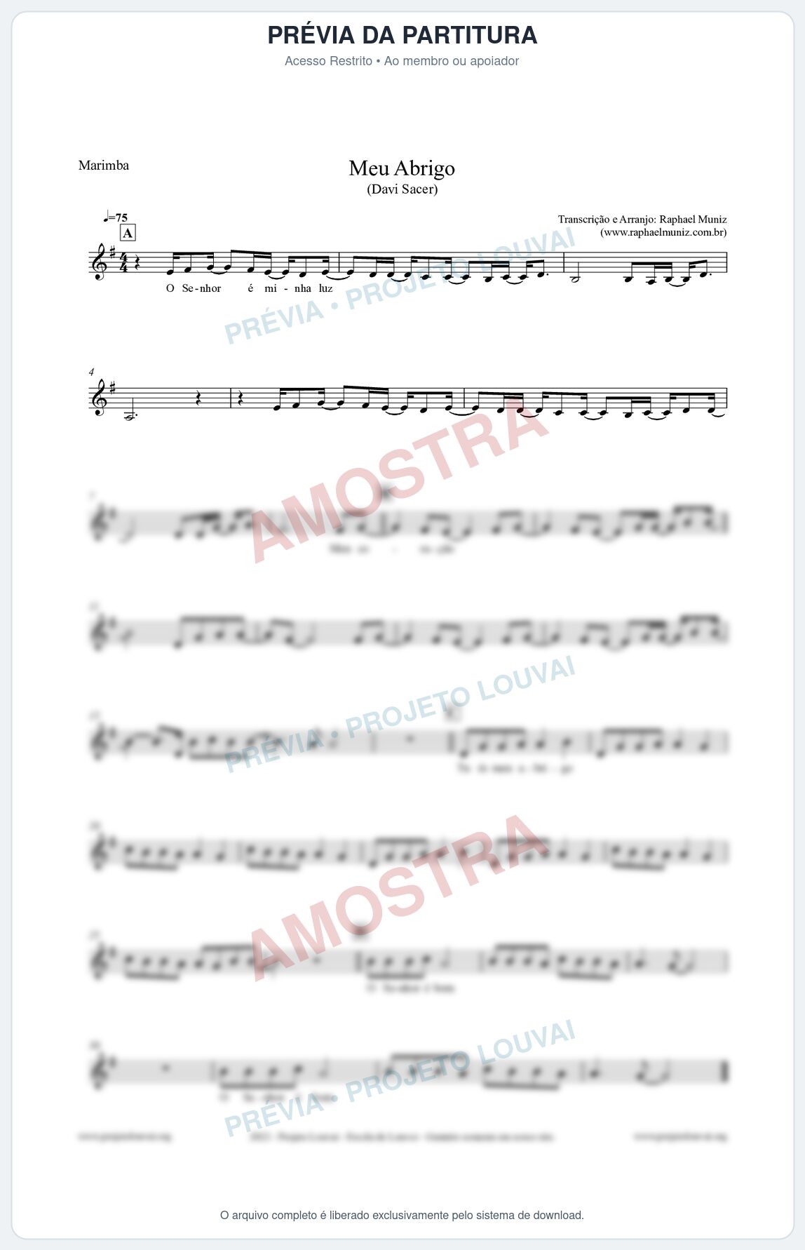 Prévia protegida da primeira página da partitura Partitura para Marimba - Meu Abrigo - Davi Sacer