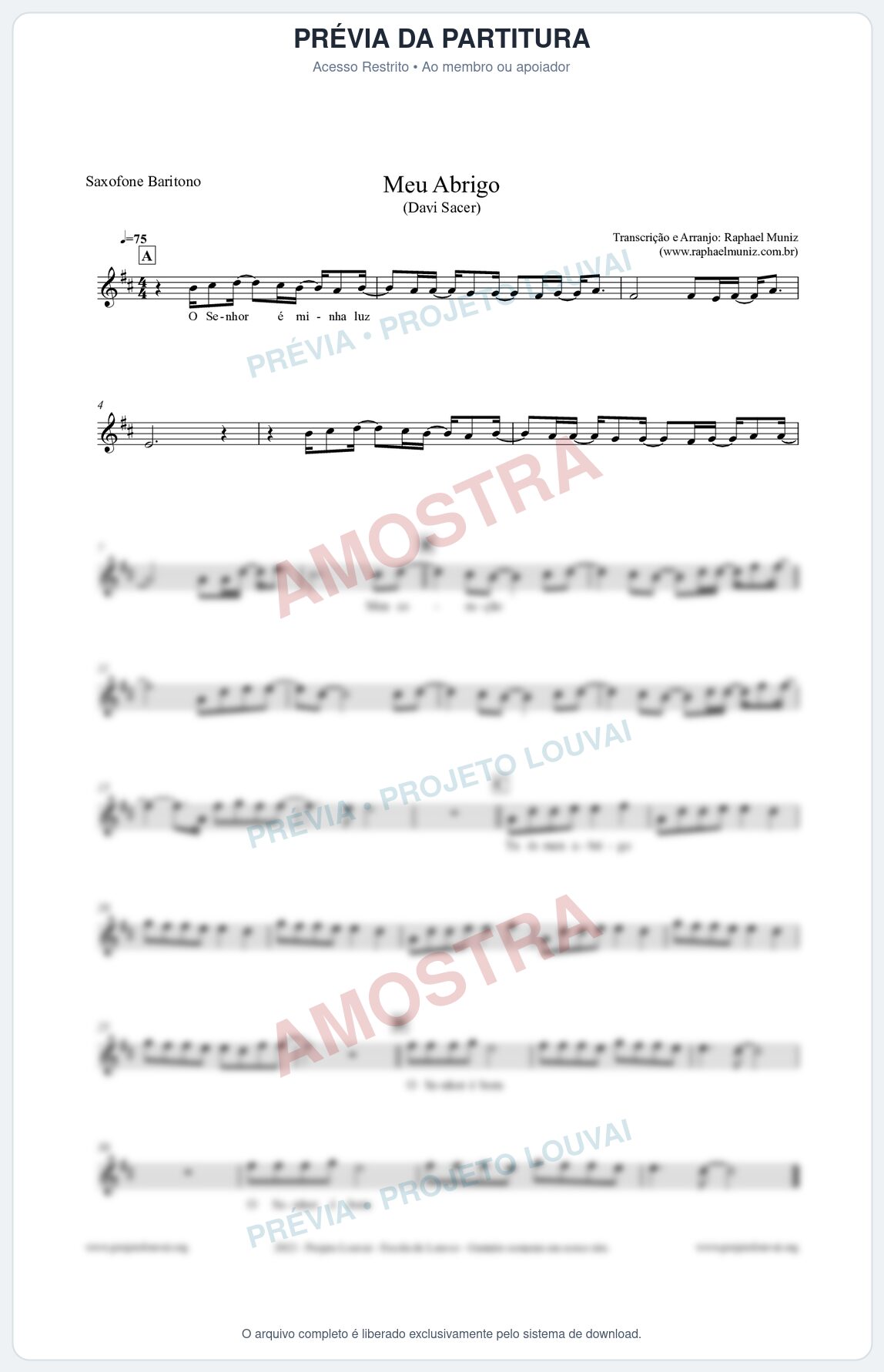 Prévia protegida da primeira página da partitura Partitura para Saxofone Barítono - Meu Abrigo - Davi Sacer