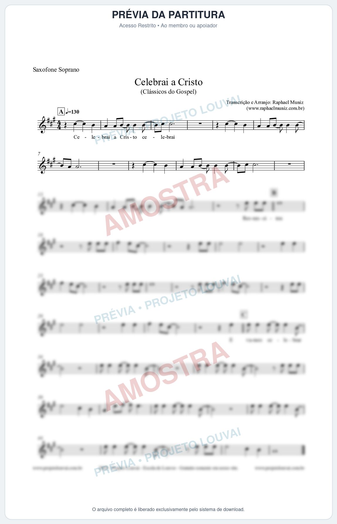 Prévia protegida da primeira página da partitura Partitura para Saxofone Soprano - Celebrai a Cristo - Clássicos do Gospel