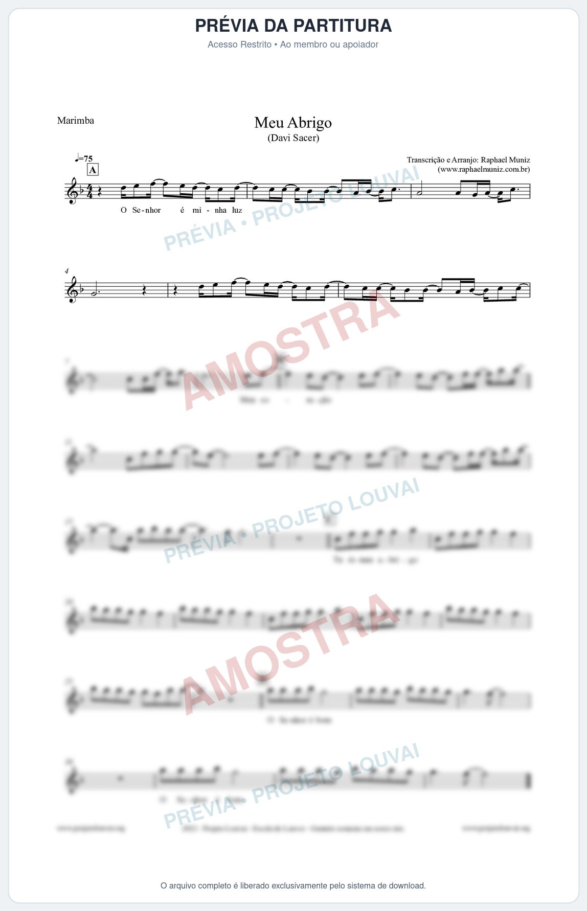 Prévia protegida da primeira página da partitura Partitura para Marimba - Meu Abrigo - Davi Sacer