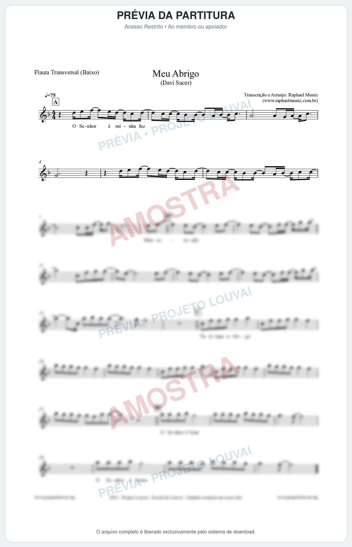 Prévia protegida da primeira página da partitura Partitura para Flauta Transversal (Baixo) - Meu Abrigo - Davi Sacer
