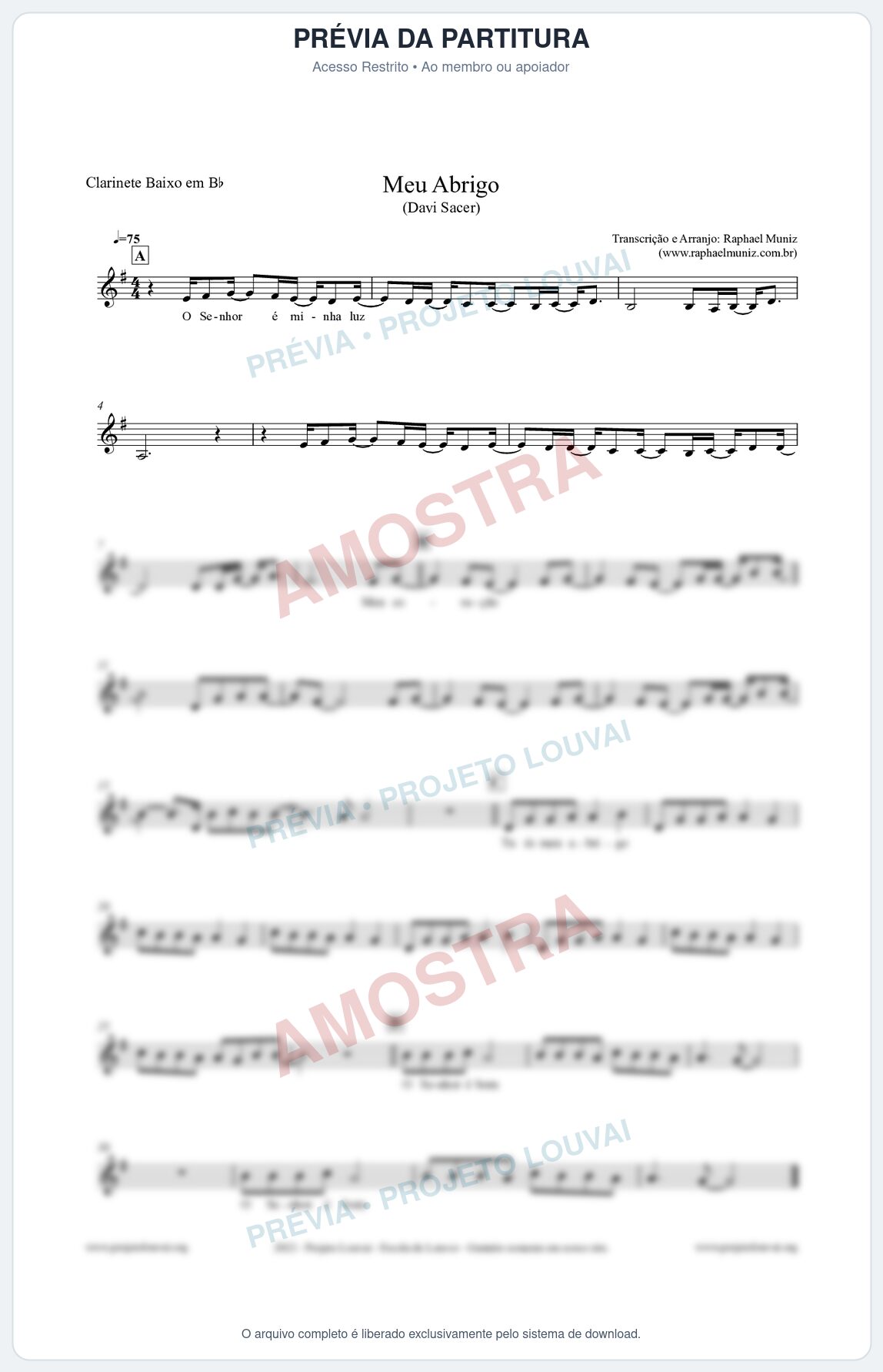 Prévia protegida da primeira página da partitura Partitura para Clarinete Baixo em Bb - Meu Abrigo - Davi Sacer
