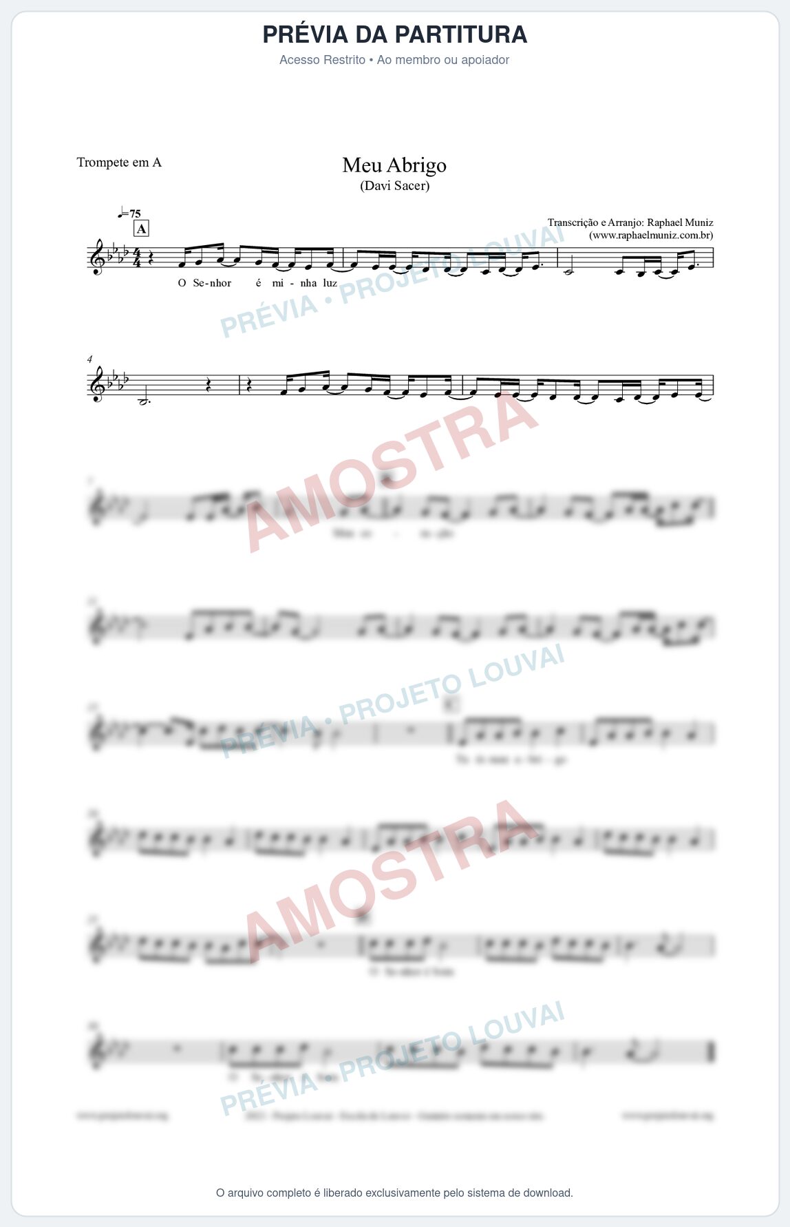 Prévia protegida da primeira página da partitura Partitura para Trompete em A - Meu Abrigo - Davi Sacer