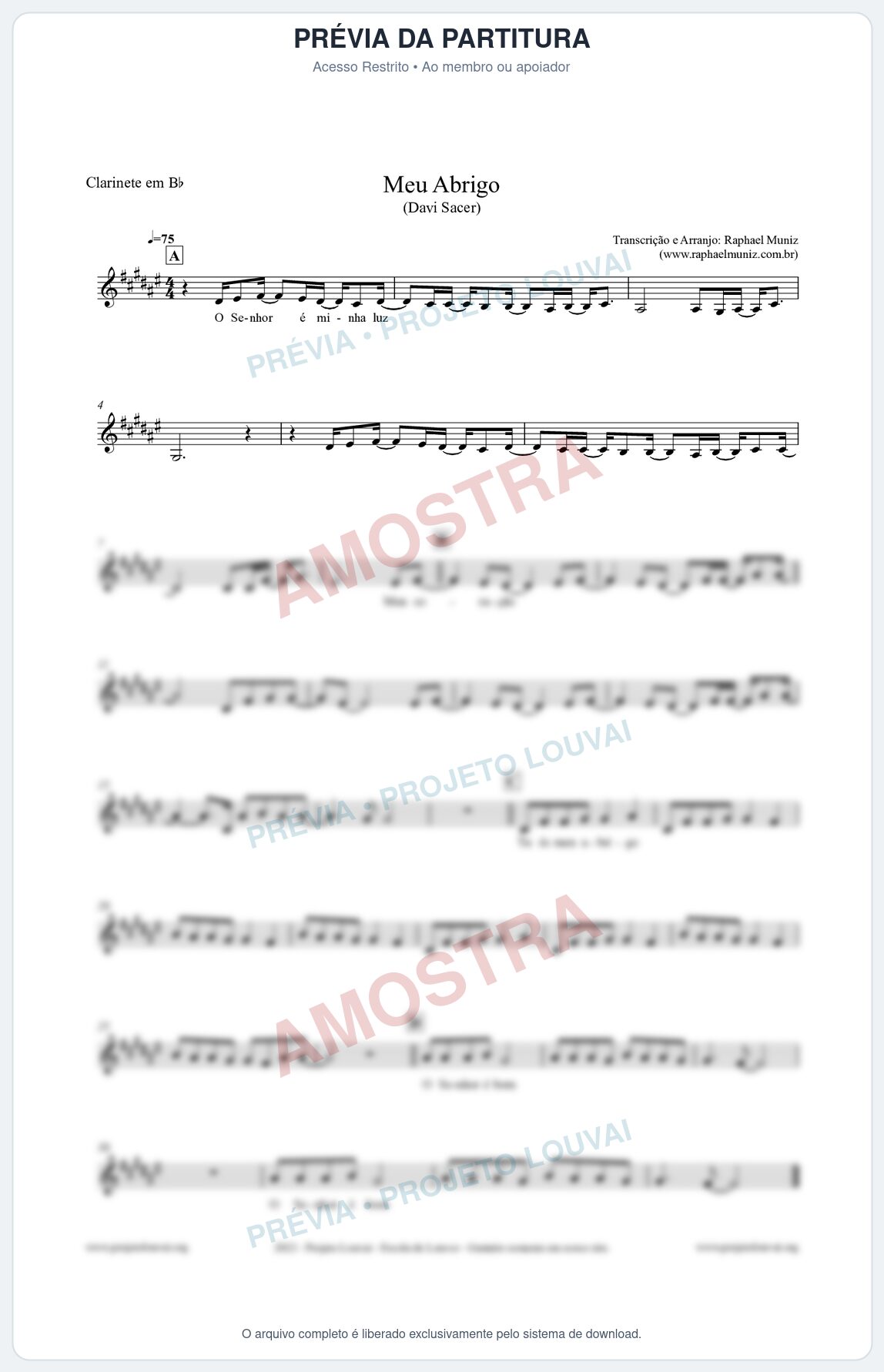 Prévia protegida da primeira página da partitura Partitura para Clarinete em Bb - Meu Abrigo - Davi Sacer