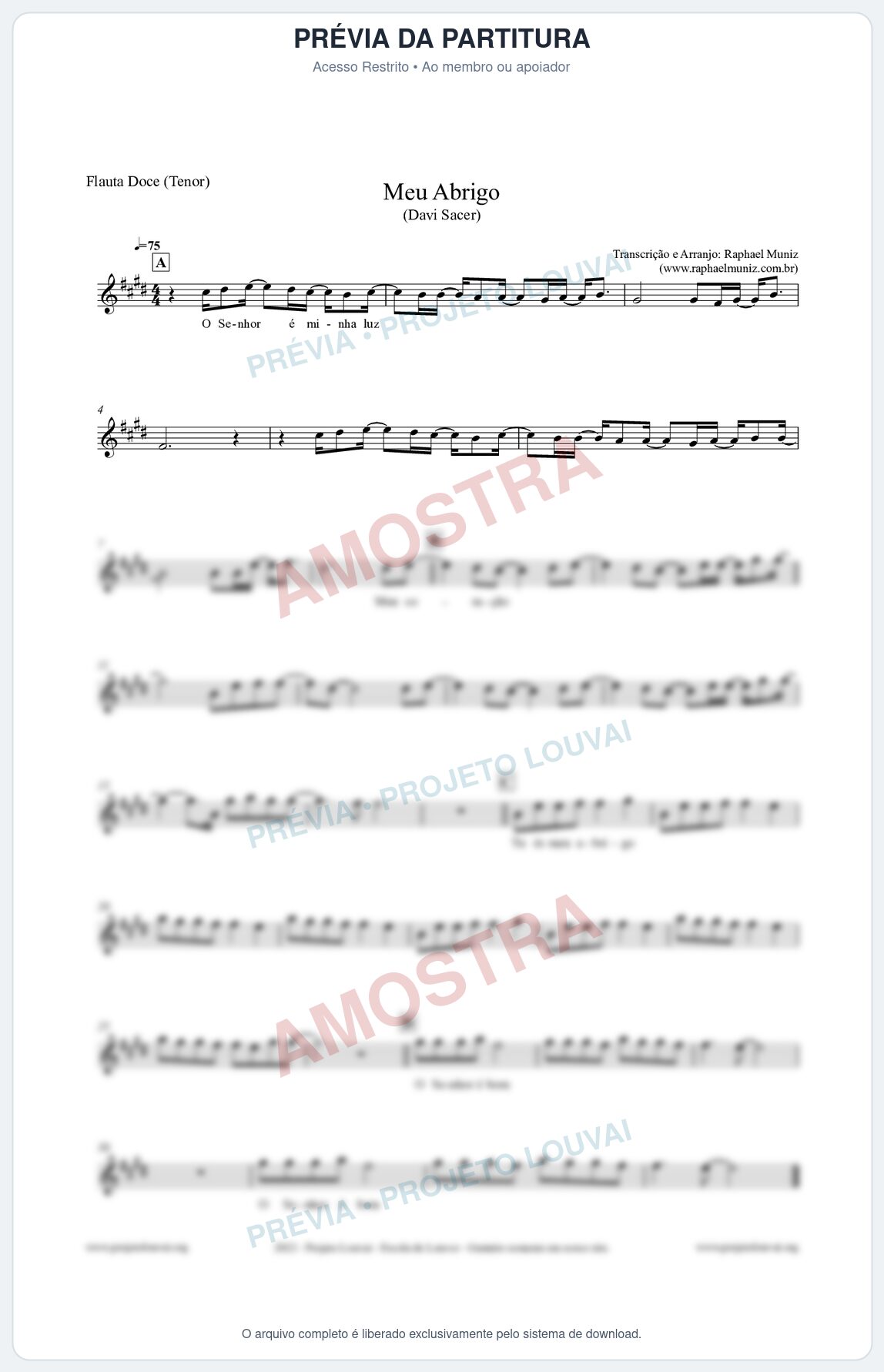 Prévia protegida da primeira página da partitura Partitura para Flauta Doce (Tenor) - Meu Abrigo - Davi Sacer