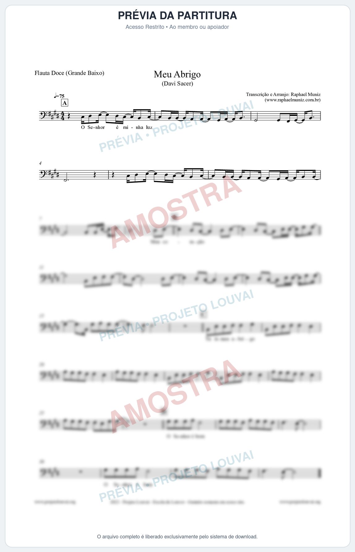 Prévia protegida da primeira página da partitura Partitura para Flauta Doce (Grande Baixo) - Meu Abrigo - Davi Sacer