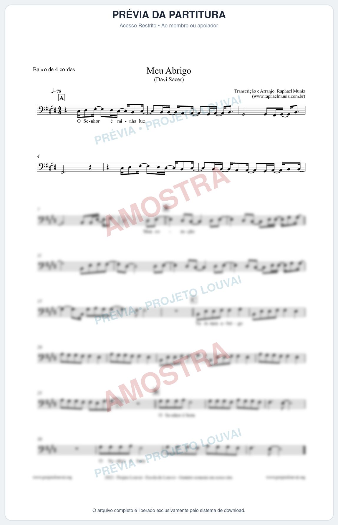 Prévia protegida da primeira página da partitura Partitura para Baixo de 4 cordas - Meu Abrigo - Davi Sacer