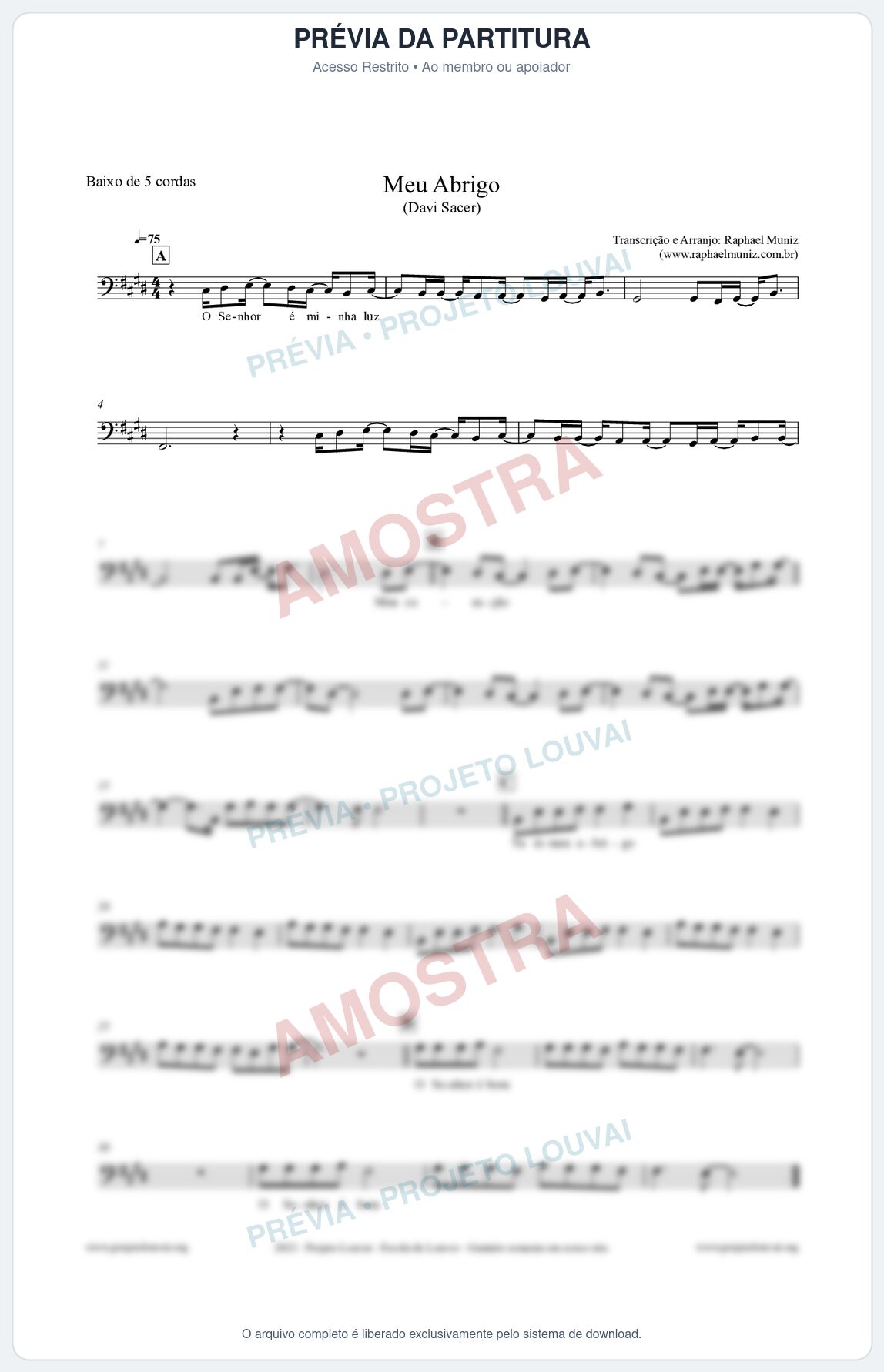 Prévia protegida da primeira página da partitura Partitura para Baixo de 5 cordas - Meu Abrigo - Davi Sacer