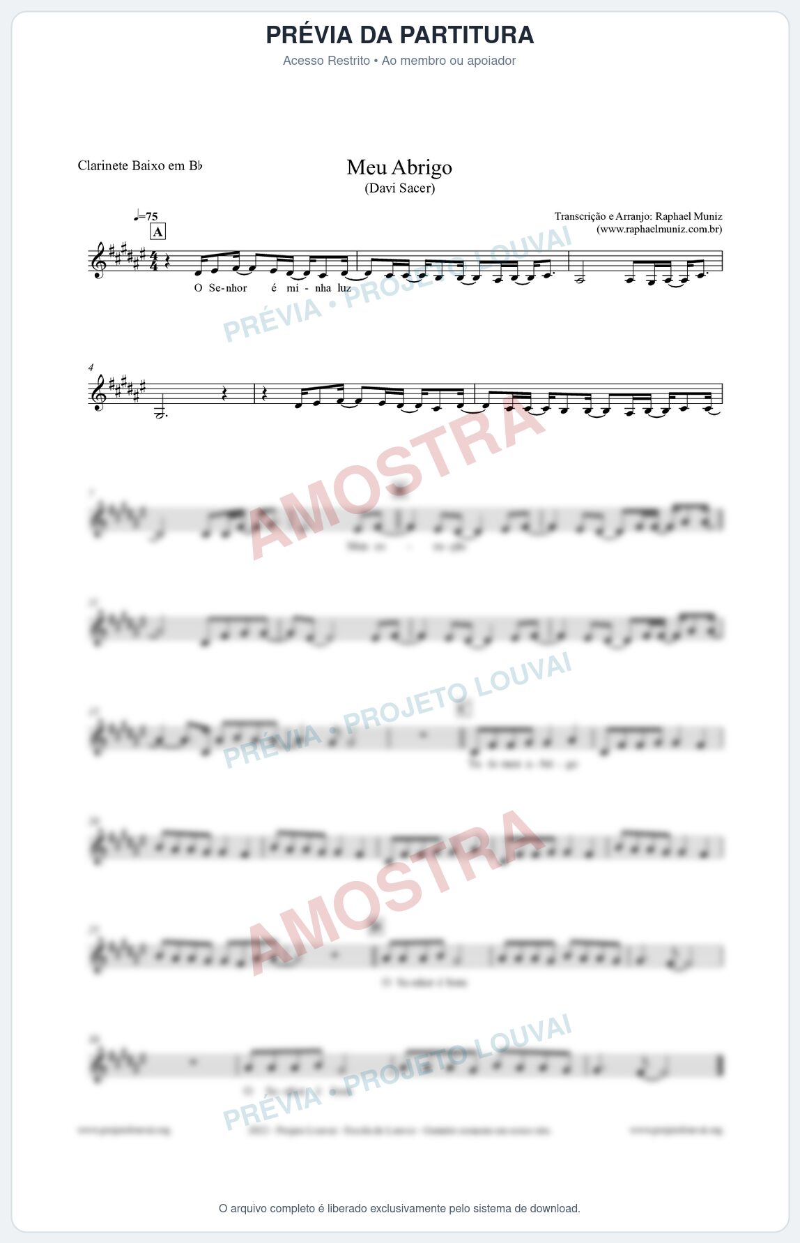 Prévia protegida da primeira página da partitura Partitura para Clarinete Baixo em Bb - Meu Abrigo - Davi Sacer