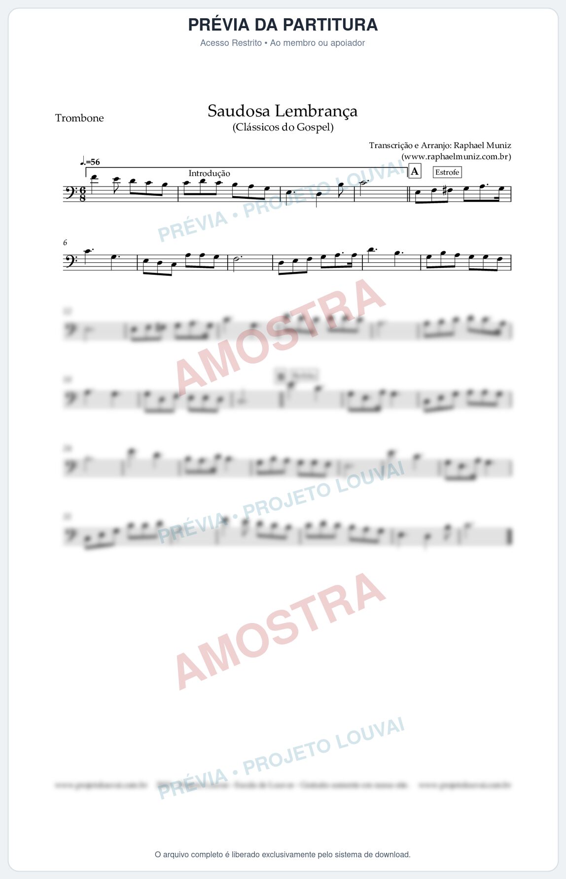 Prévia protegida da primeira página da partitura Partitura para Trombone - Saudosa Lembrança - Harpa Cristã nº 2 - Clássicos do Gospel