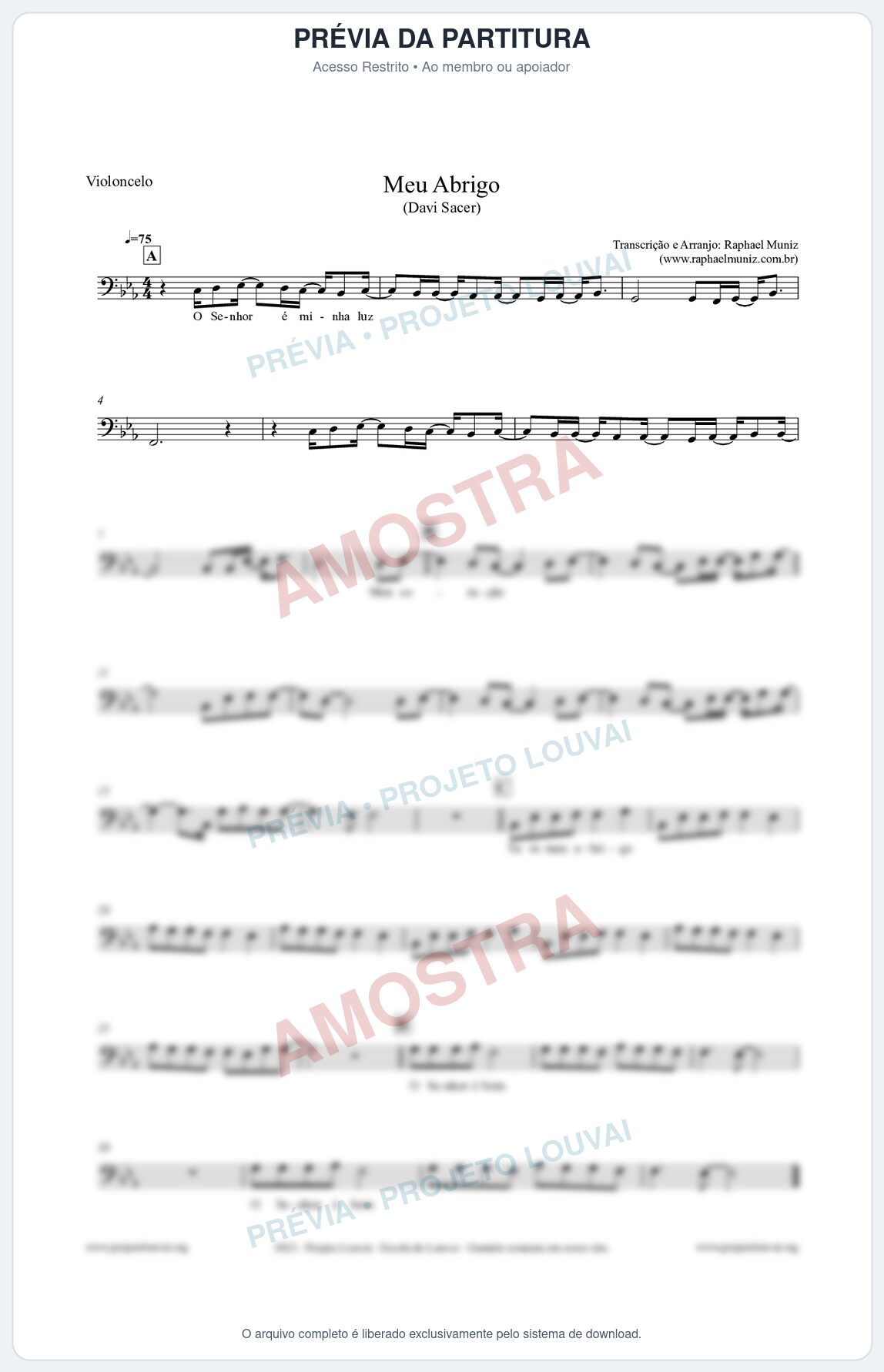 Prévia protegida da primeira página da partitura Partitura para Violoncelo - Meu Abrigo - Davi Sacer