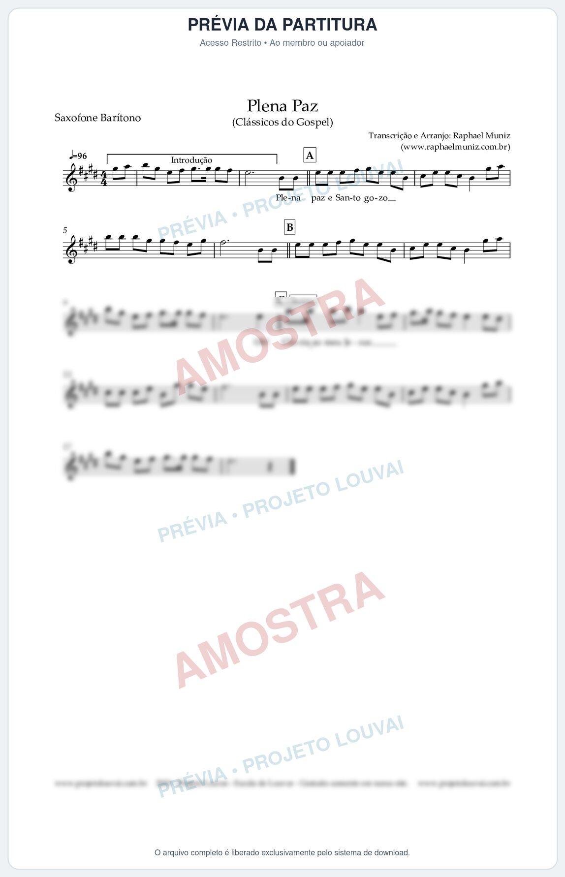 Prévia protegida da primeira página da partitura Partitura para Sax Barítono - Plena Paz - Harpa Cristã nº 3 - Clássicos do Gospel